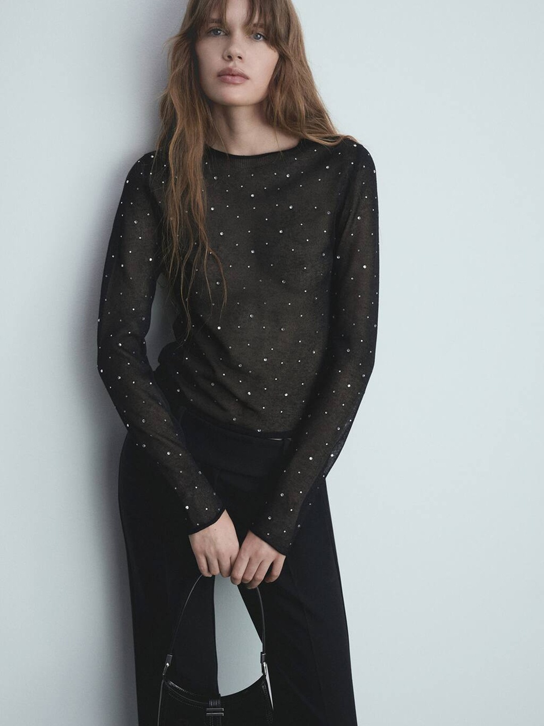 

MANGO Studded Semi Sheer Pullover, Black