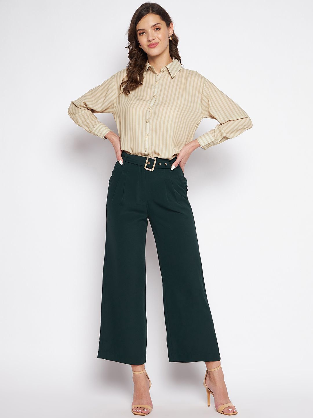 

Madame Women Regular Fit High-Rise Parallel Trousers, Green