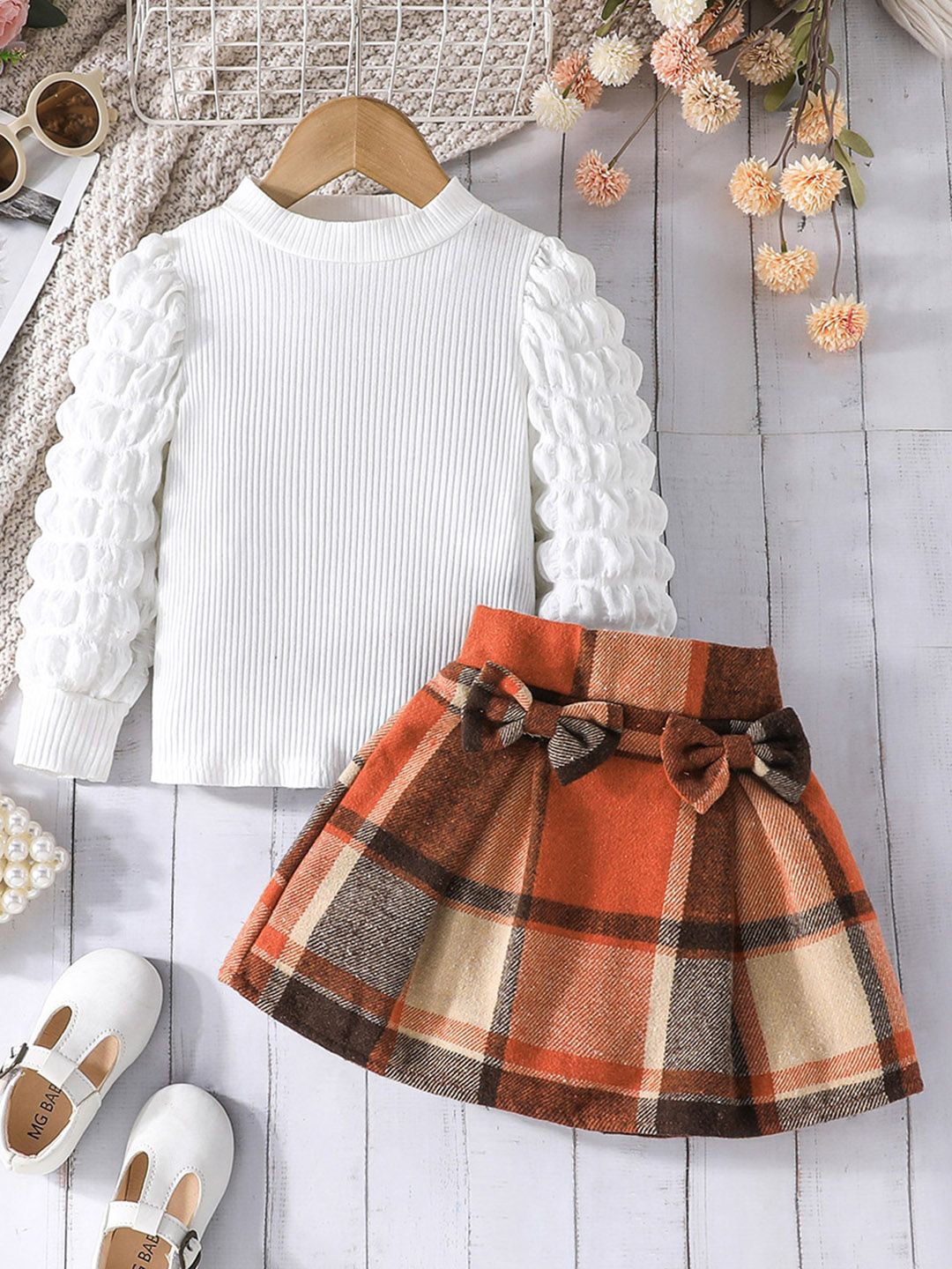 

INCLUD Girls Striped High Neck Top with Skirt Clothing Set, White