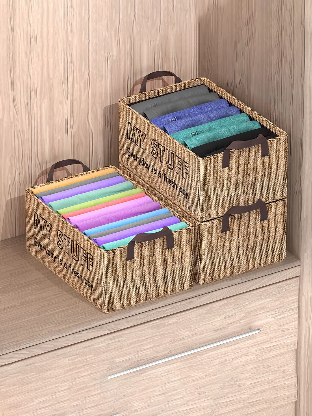 

Kuber Industries Brown 3 Pieces Printed Foldable Drawer Organisers