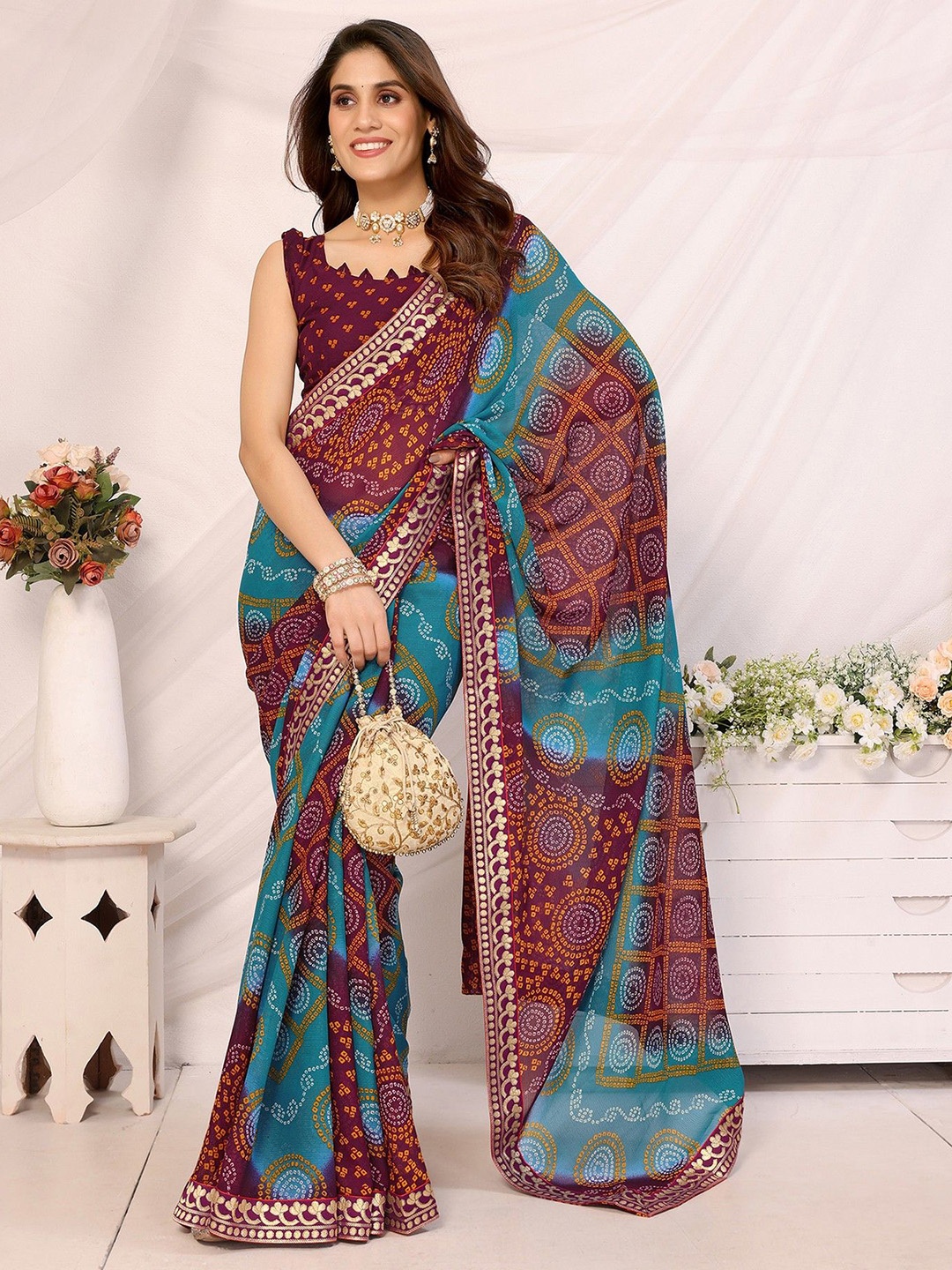 

KALINI Bandhani Printed Leheriya Saree, Grey