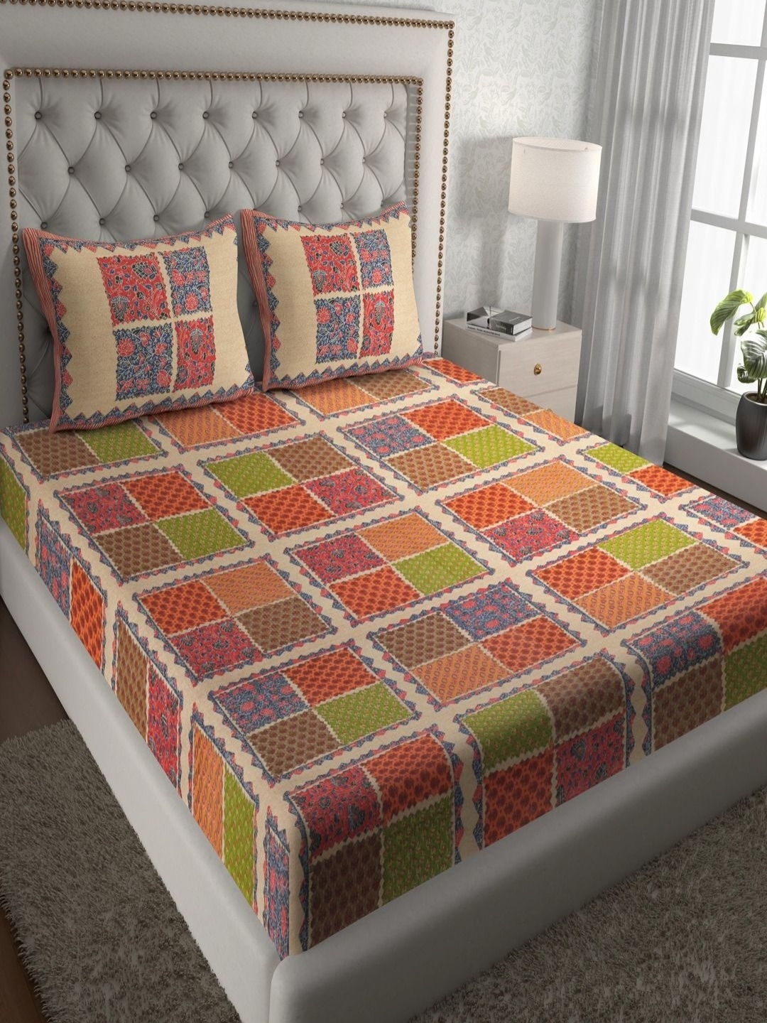 

UNIQCHOICE Peach-Coloured Geometric Cotton 120 TC Queen Bedsheet Set 2.35 m x 2.15 m
