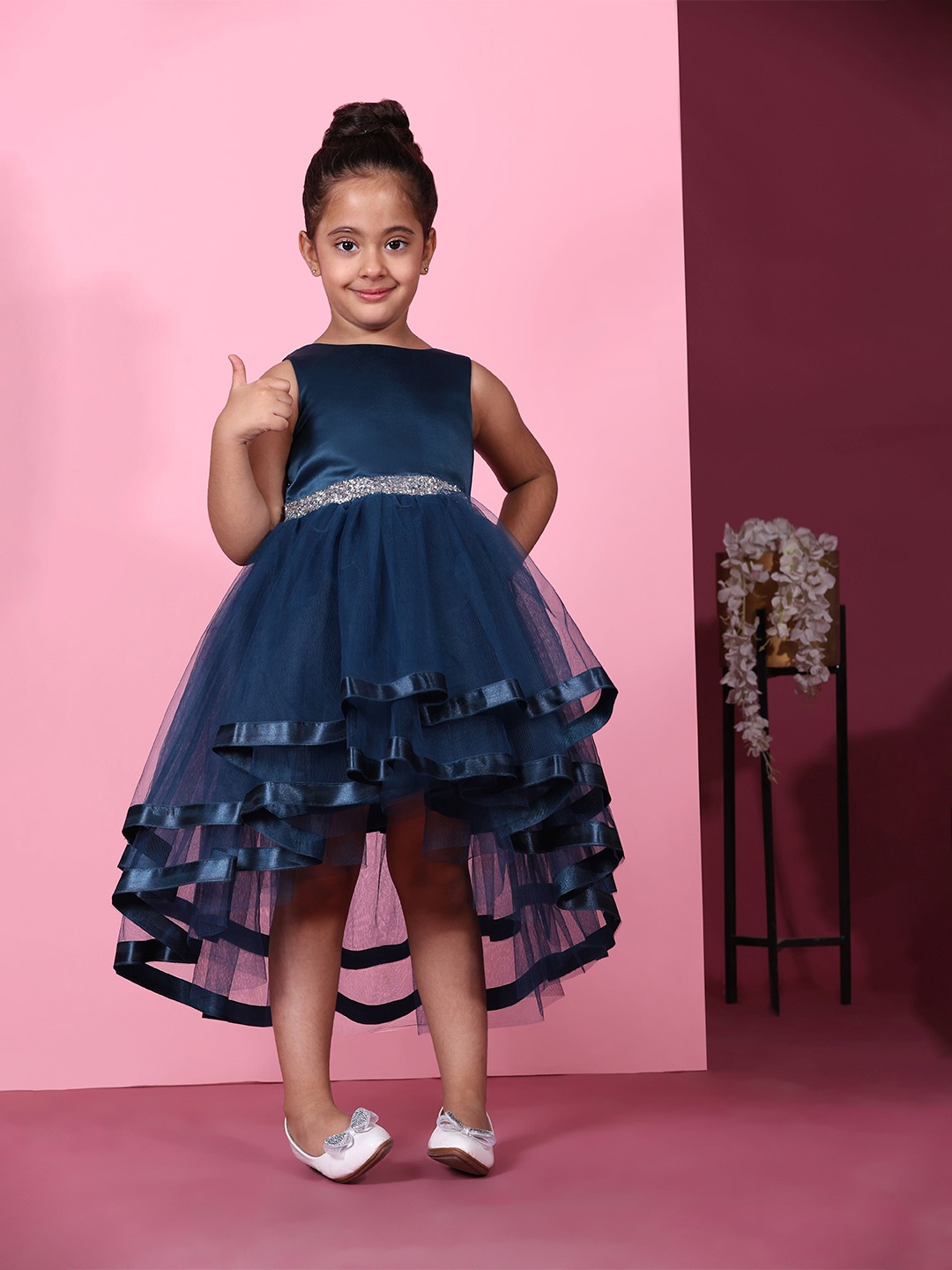 

Toy Balloon kids Girls Applique Net Fit & Flare Dress, Navy blue