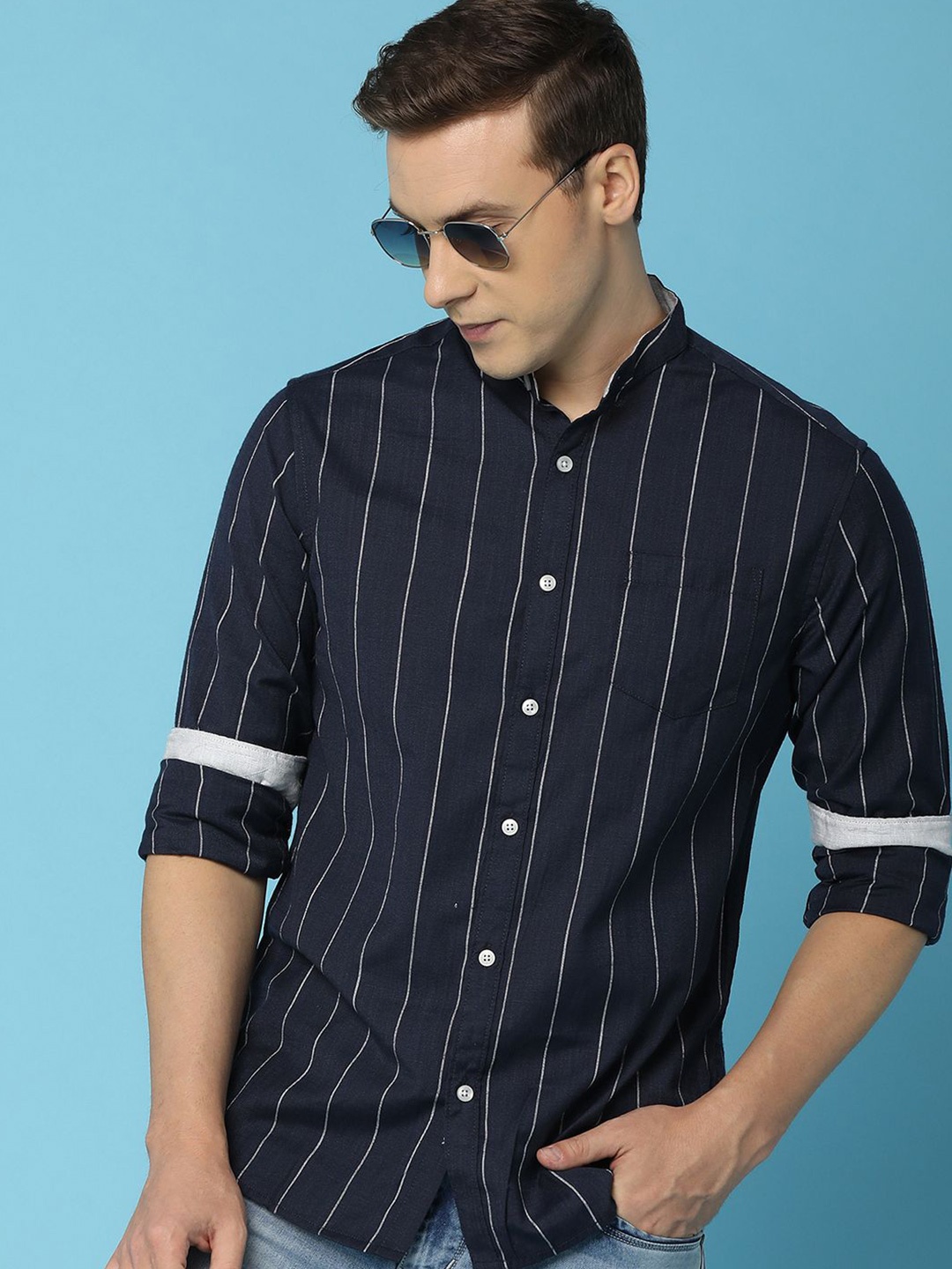

V-Mart Men Band Collar Vertical Striped Cotton Casual Shirt, Navy blue