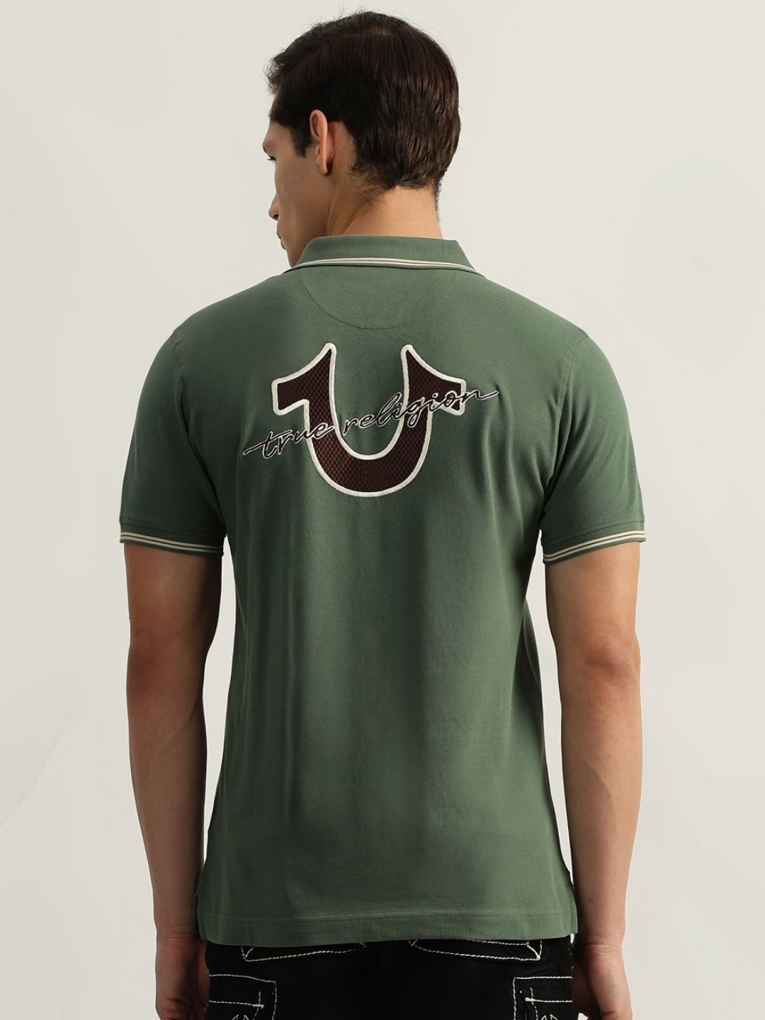 

True Religion Men Typography Printed Polo Collar Cotton T-shirt, Green