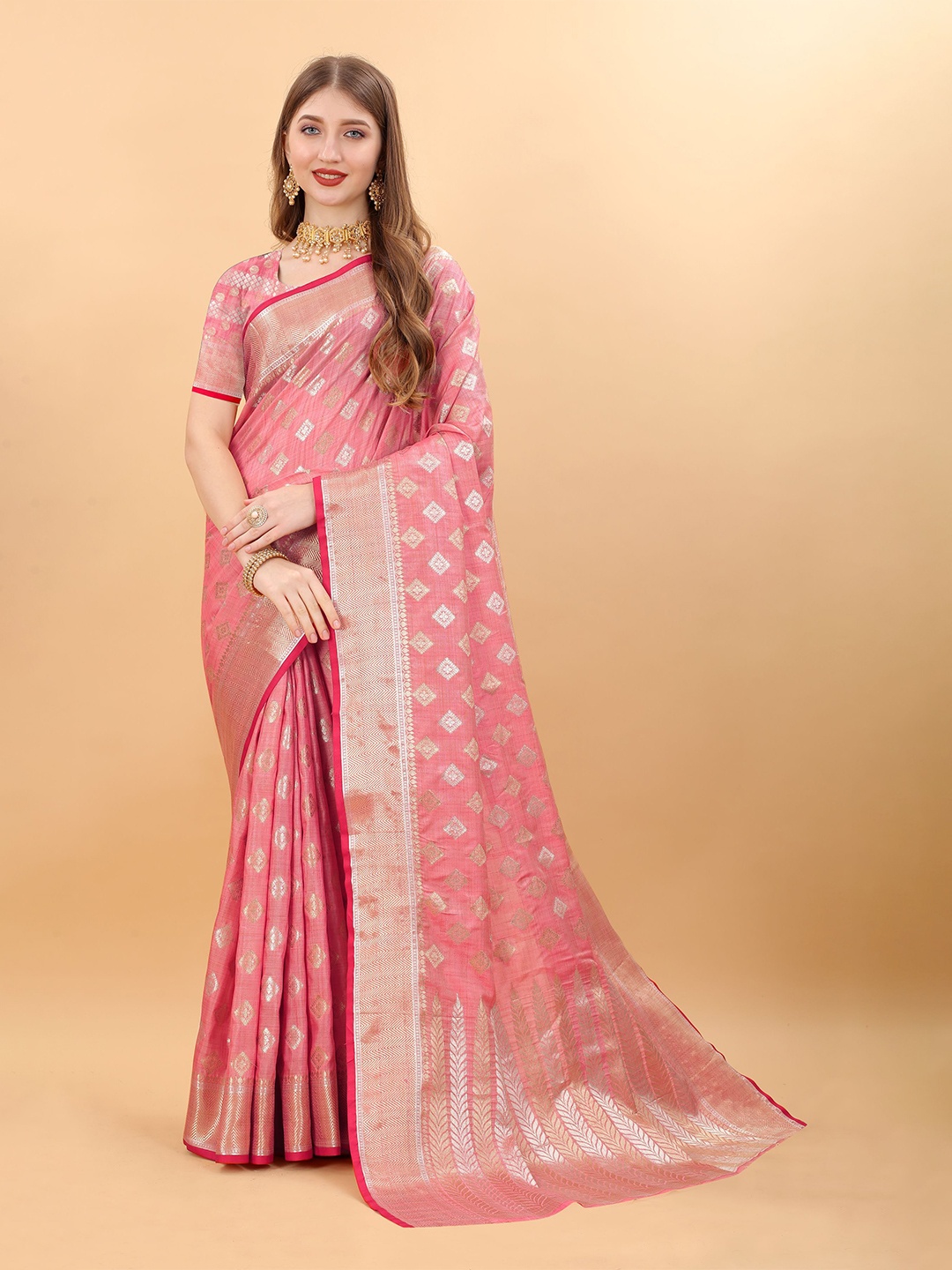 

NIWAA Woven Design Zari Pure Cotton Banarasi Saree, Pink