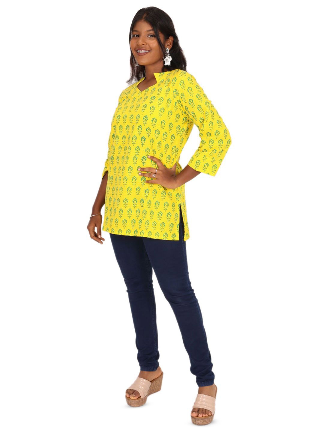 

Avishya Women Floral Printed V-Neck Pure Cotton Kurti, Yellow