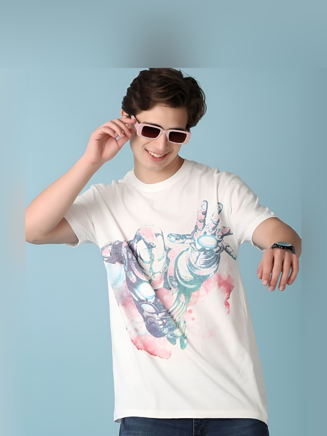 

V-Mart Men Iron Man Graphic Printed Round Neck Cotton T-shirt, Off white