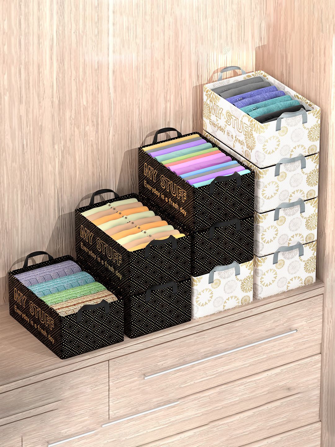 

Kuber Industries Black 10 Pieces Printed Foldable Drawer Organisers