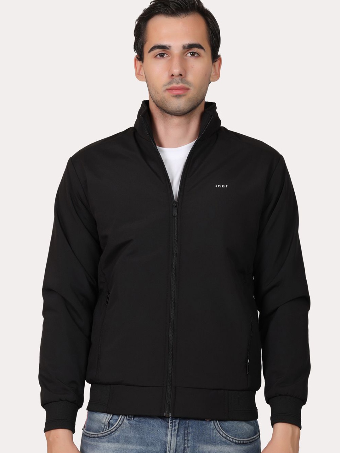 

Spirit Men Mock Collar Solid Casual Bomber Jacket, Black