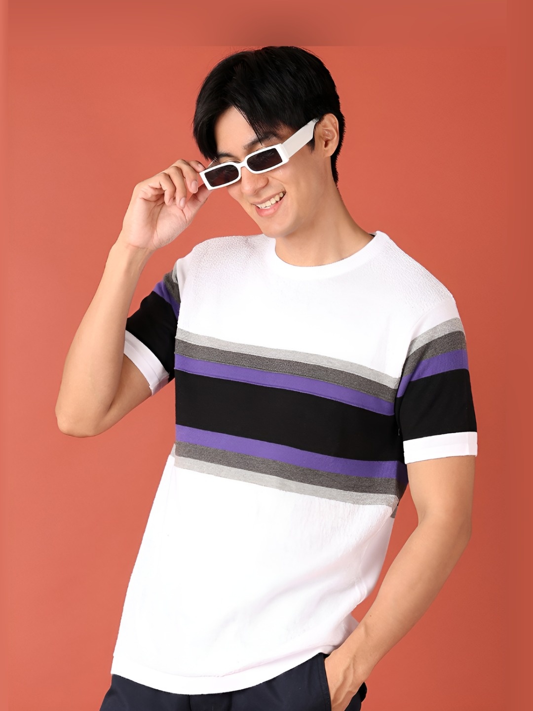 

V-Mart Men Striped Round Neck Cotton T-shirt, White
