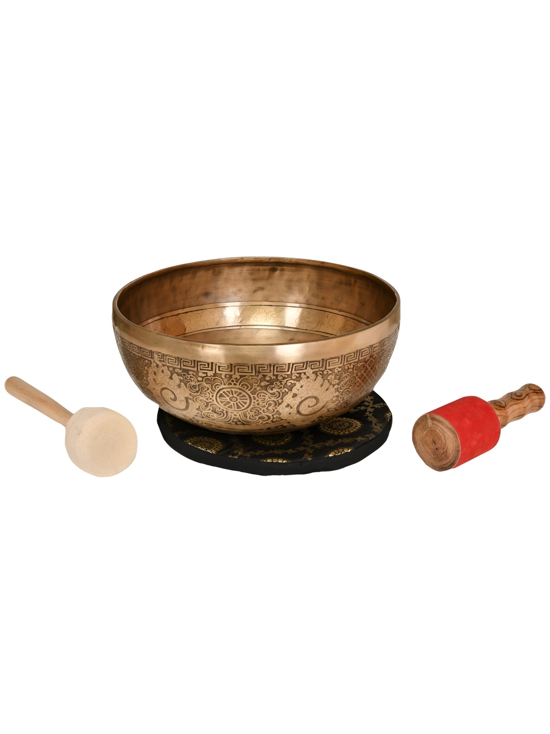 

Exotic India Gold Toned 3 Pieces Tibetan Buddhist Hand Hammered Singing Bowl With Sticks, Brown