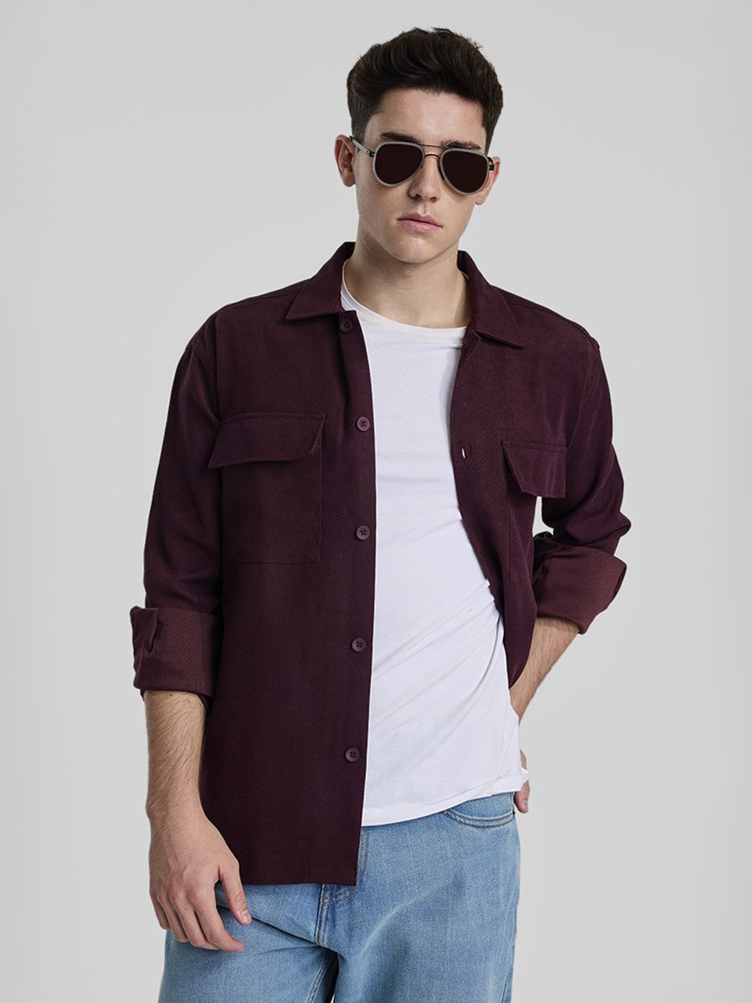 

Snitch Men Spread Collar Solid Cotton Casual Tailored Jacket, Burgundy