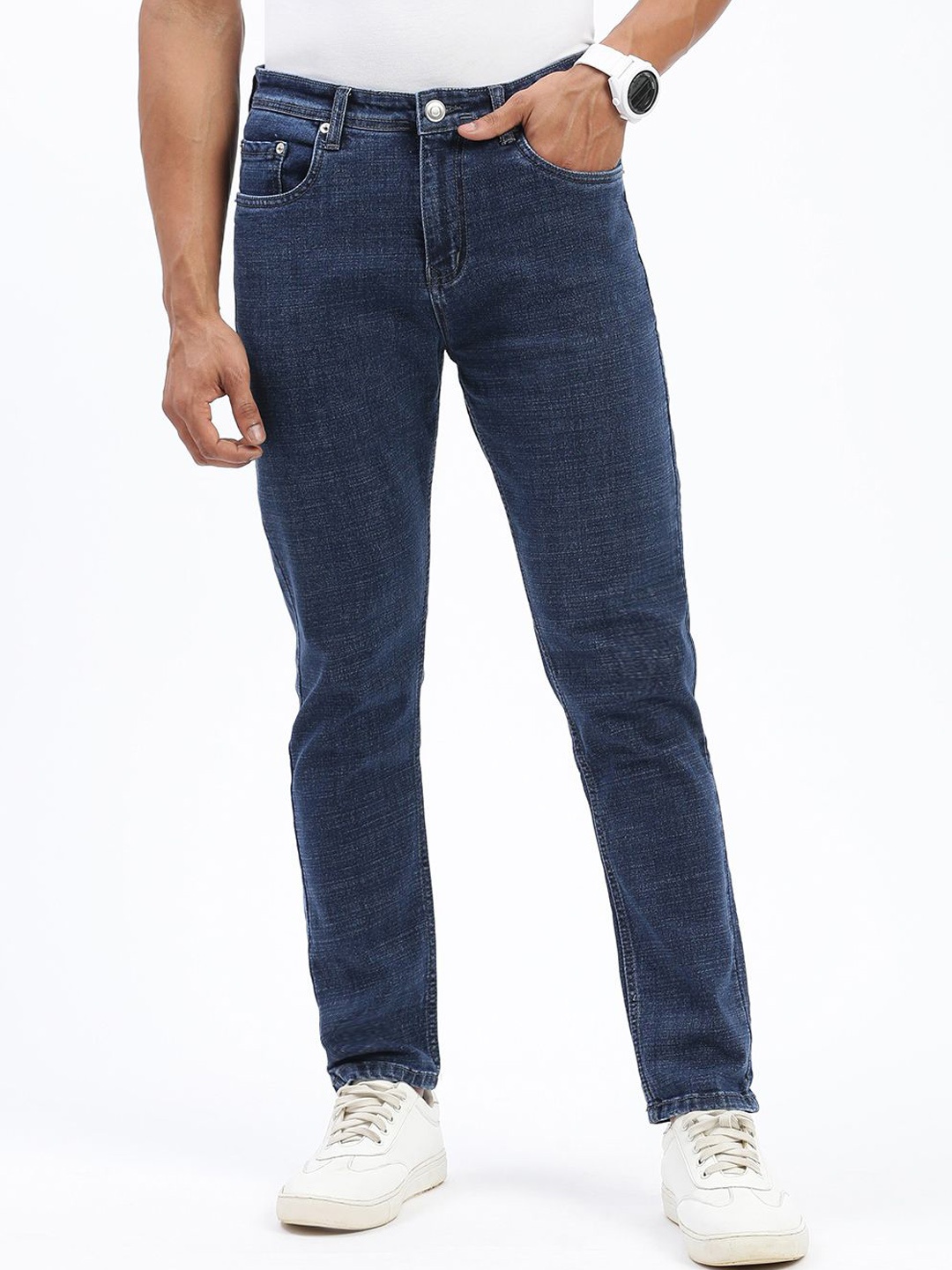 

SHOWOFF Men Comfort Slim Fit Mid-Rise Cotton Light Fade Acid Wash Jeans, Navy blue