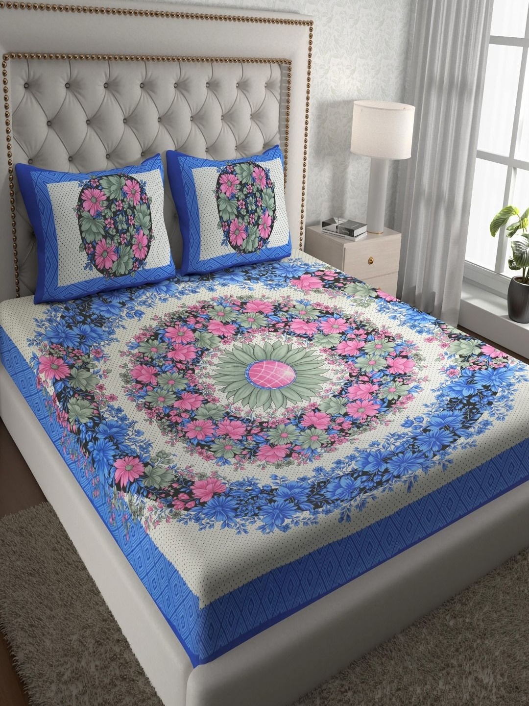 

UNIQCHOICE Blue & White Floral Printed Cotton 120 TC Queen Bedsheet Set 2.35 m x 2.15 m