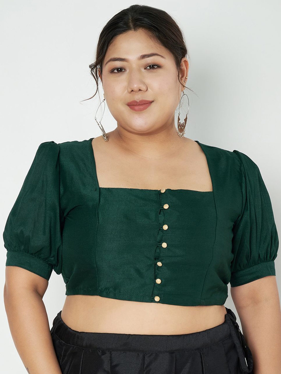 

studio rasa Women Plus Size Puff Sleeve Sheen Crop Top, Green