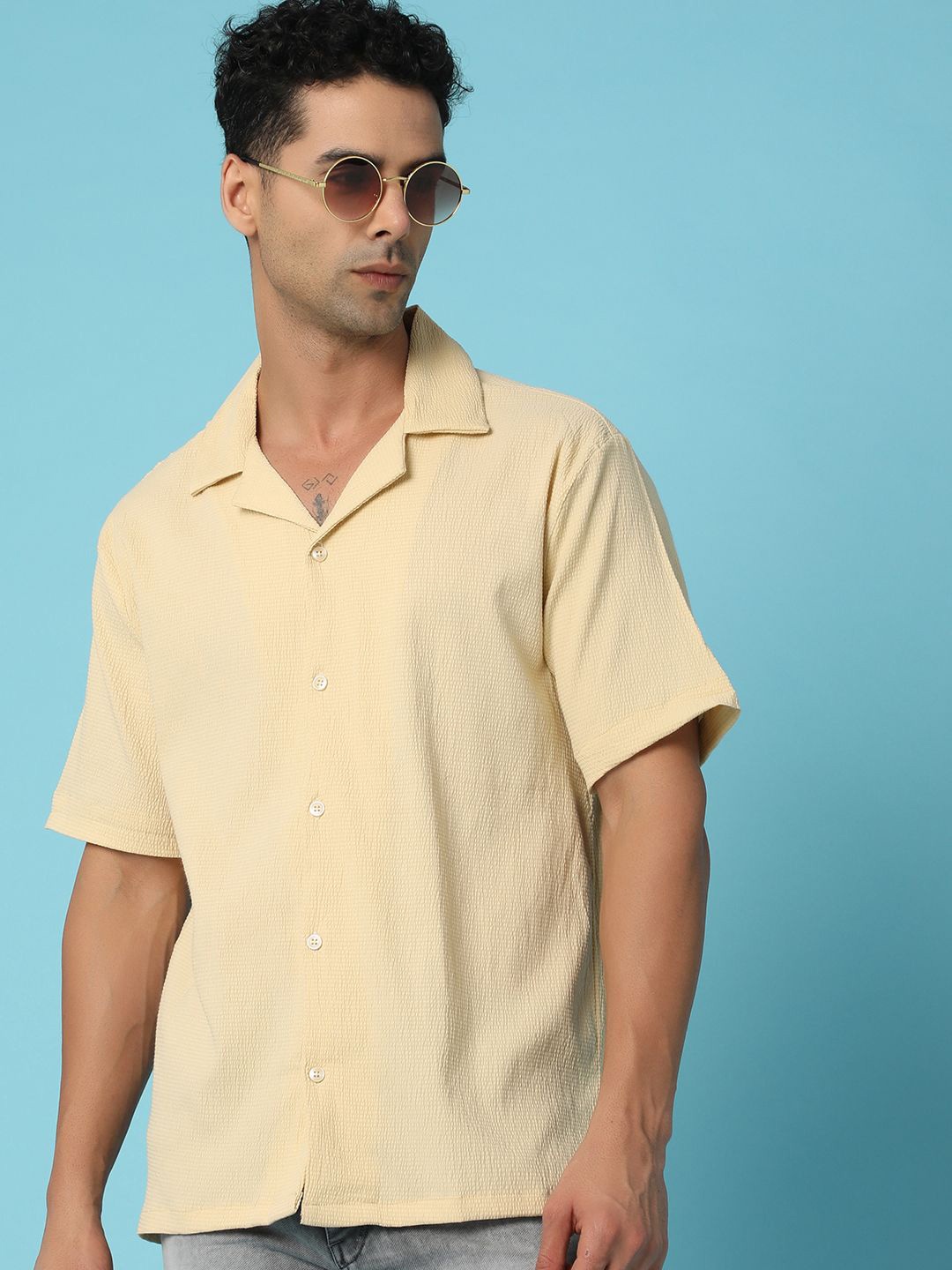 

V-Mart Men Cuban Collar Solid Cotton Casual Shirt, Cream