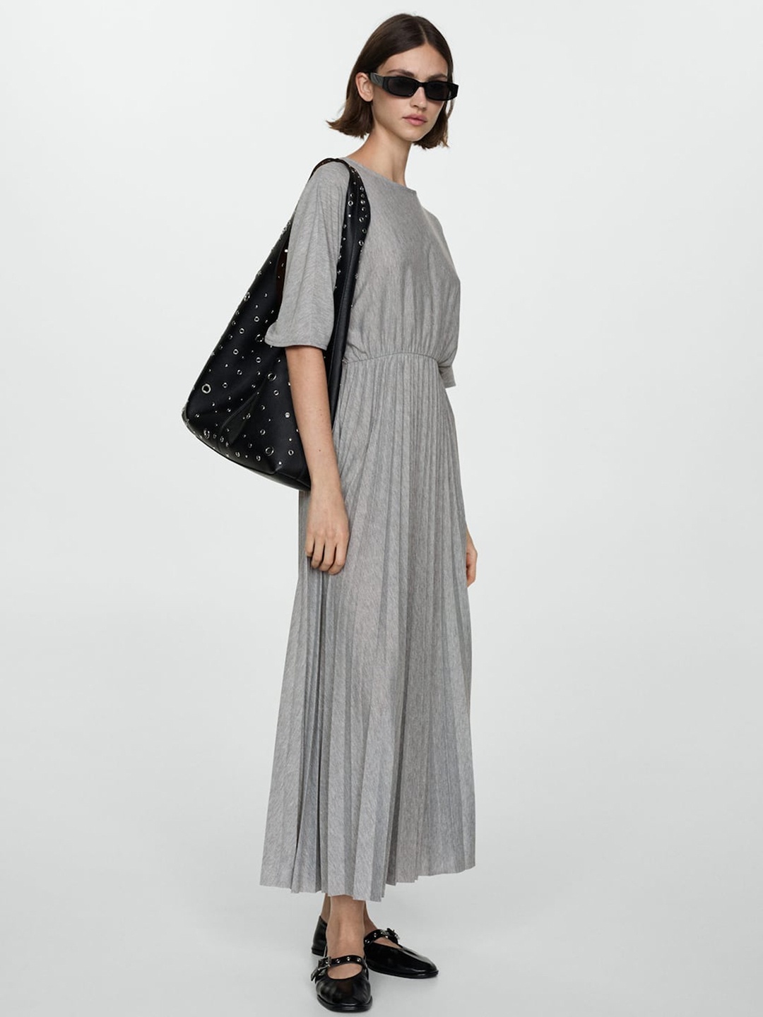 

MANGO Accordion Pleats A-Line Maxi Dress, Grey melange