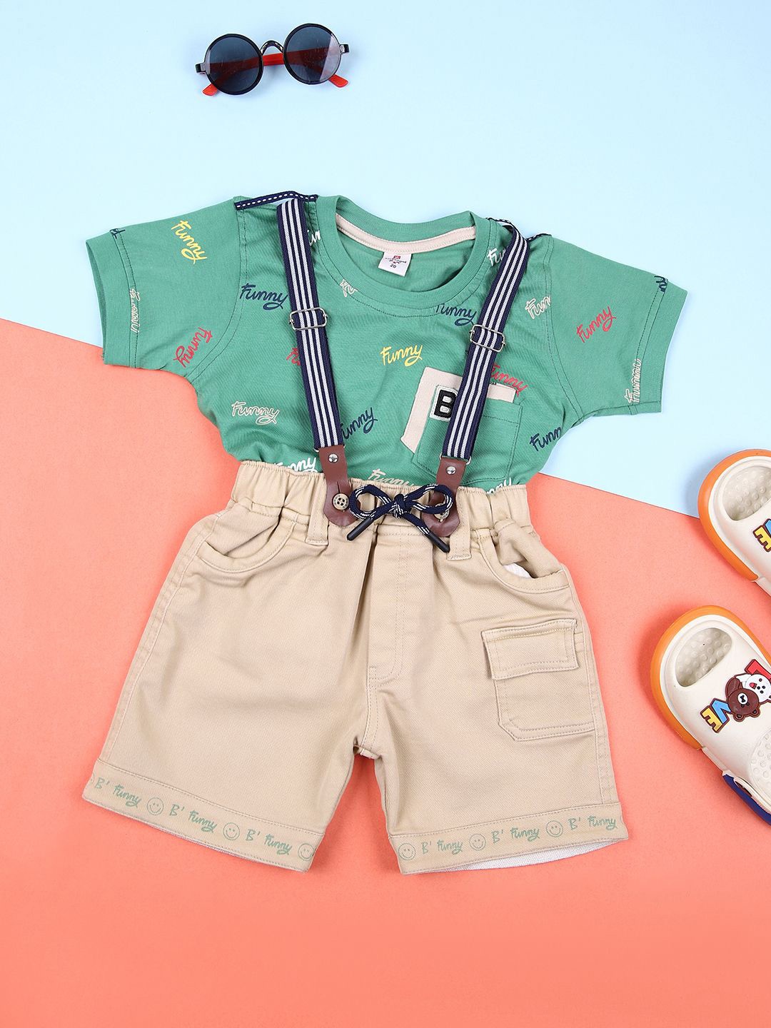 

V-Mart Boys Printed T-shirt with Shorts, Olive
