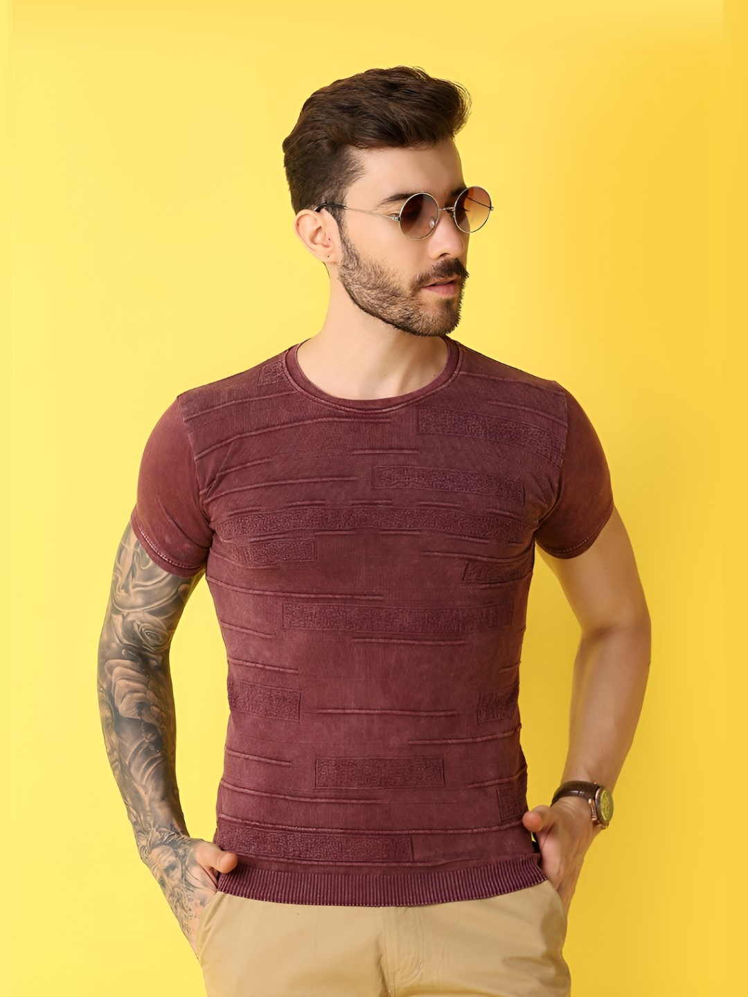 

V-Mart Men Self Design Round Neck Cotton T-shirt, Maroon