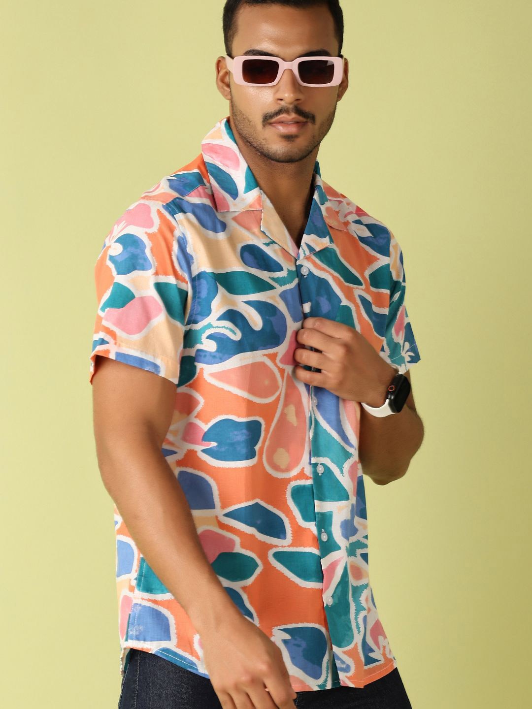 

V-Mart Men Cuban Collar Abstract Printed Cotton Casual Shirt, Peach