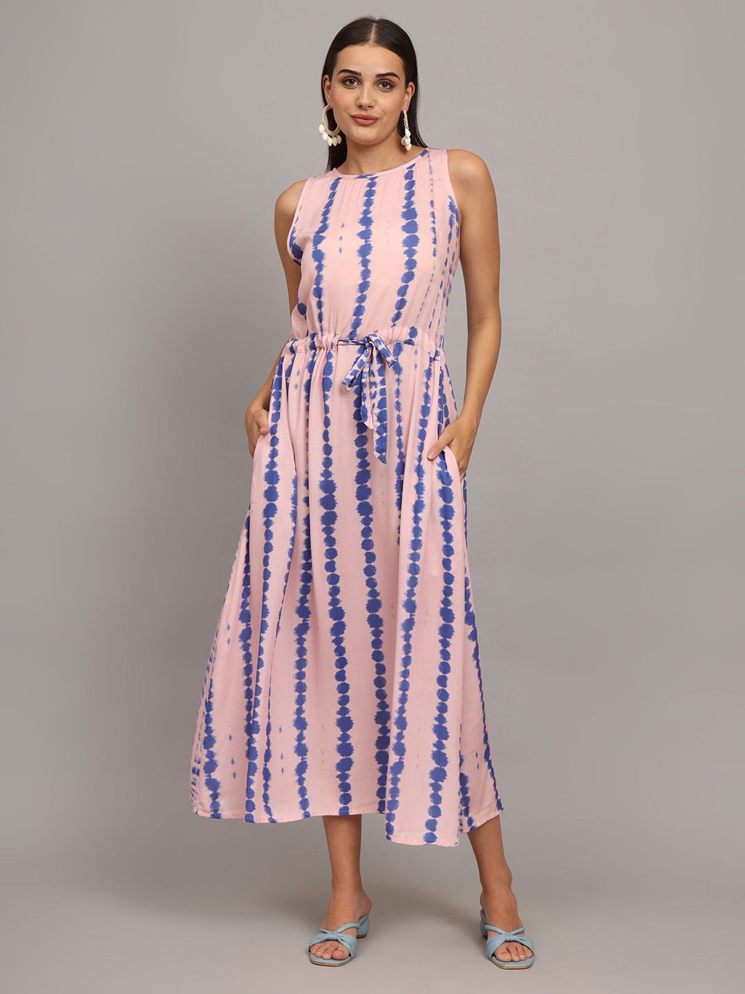 

CHARMGAL Women Tie & Dye A-Line Midi Dress, Pink