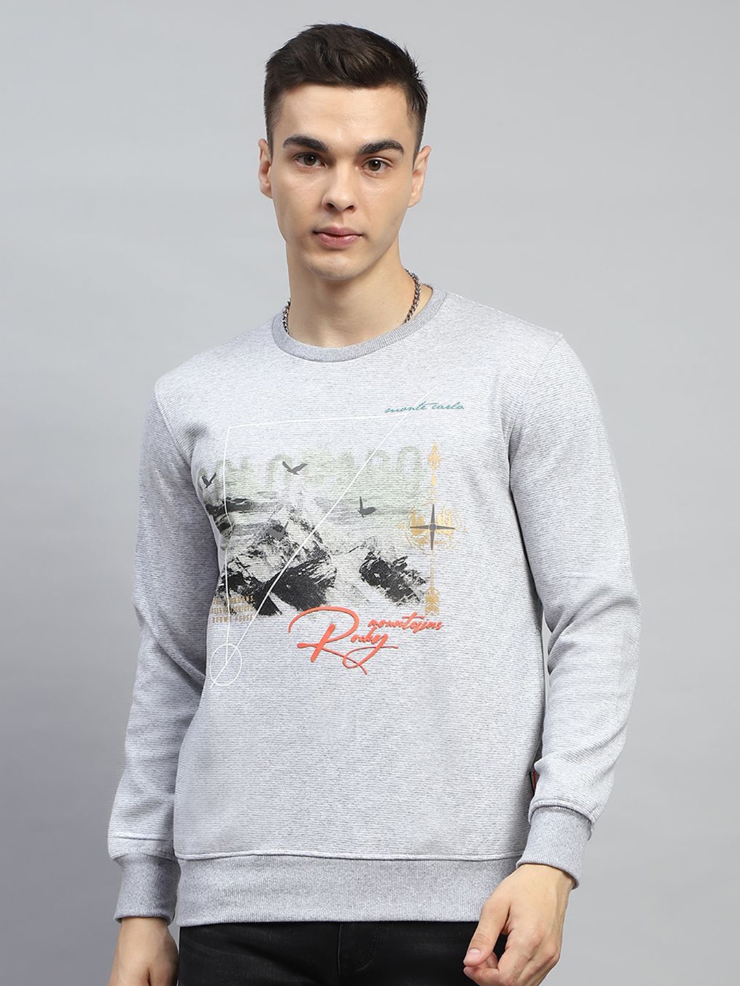

Monte Carlo Men Printed Solid Cotton Pullover Sweatshirt, Grey