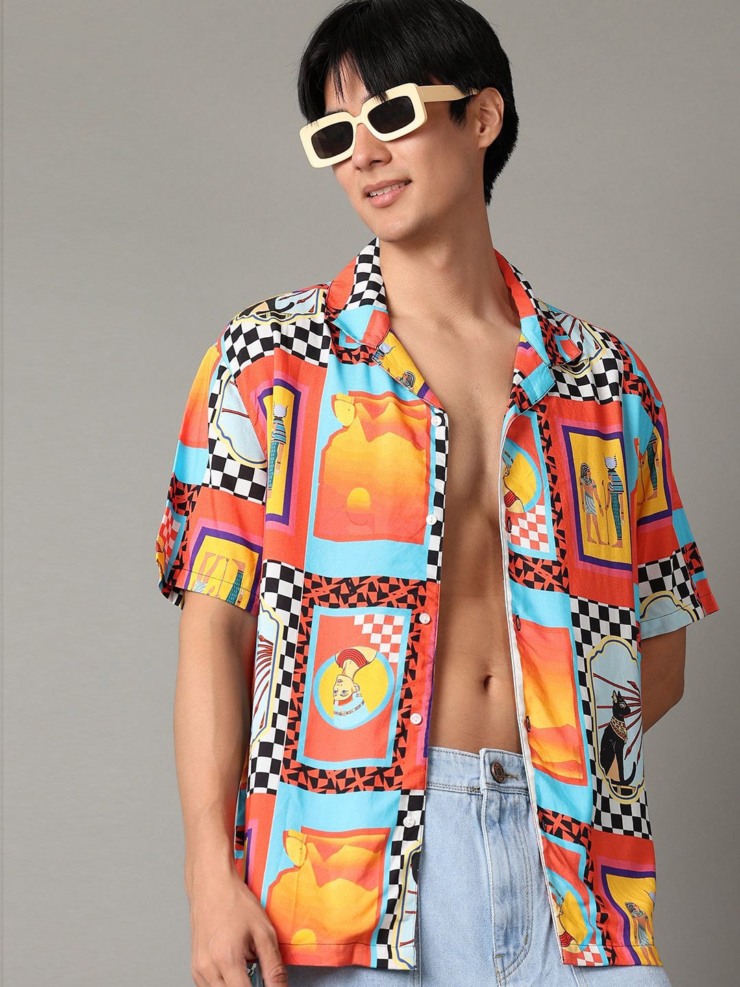 

V-Mart Men Cuban Collar Abstract Printed Casual Shirt, Red