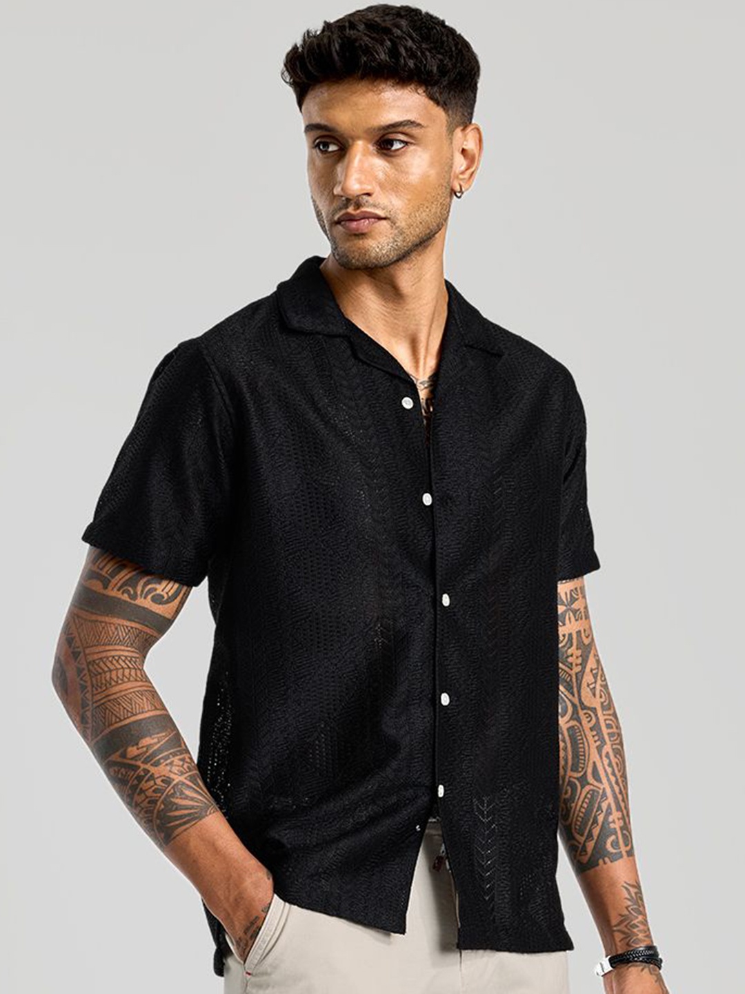 

Snitch Men Smart Cuban Collar Textured Casual Shirt, Black