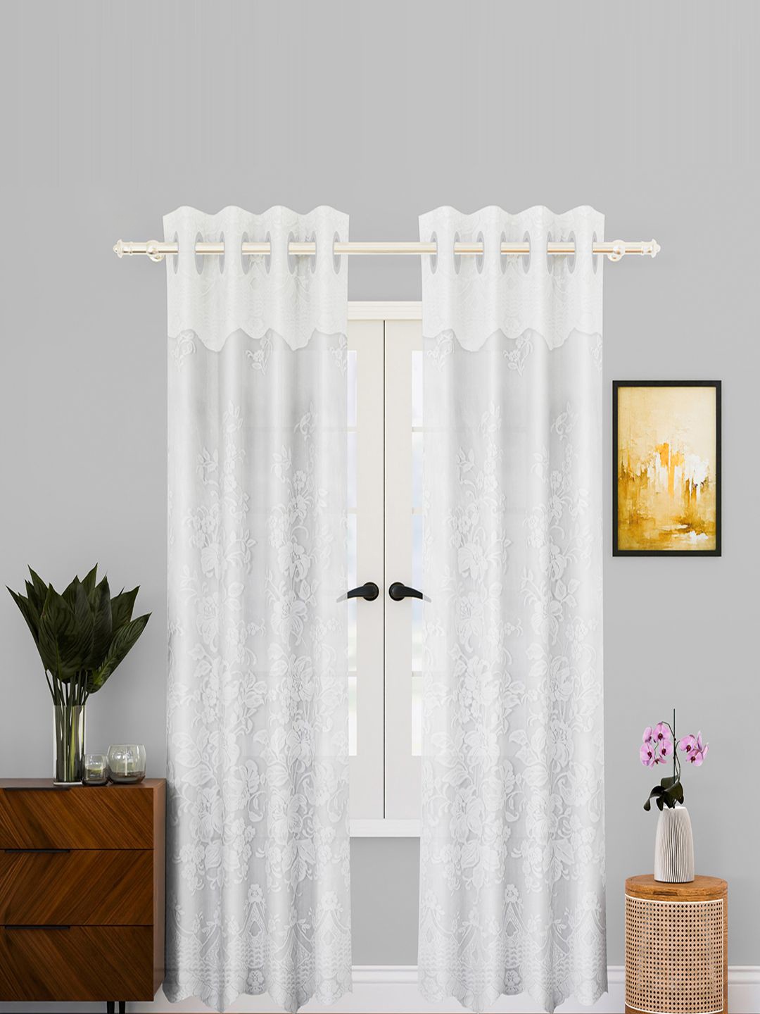 

Kuber Industries White 3 Pieces Self Design Eyelet Cotton Door Curtains