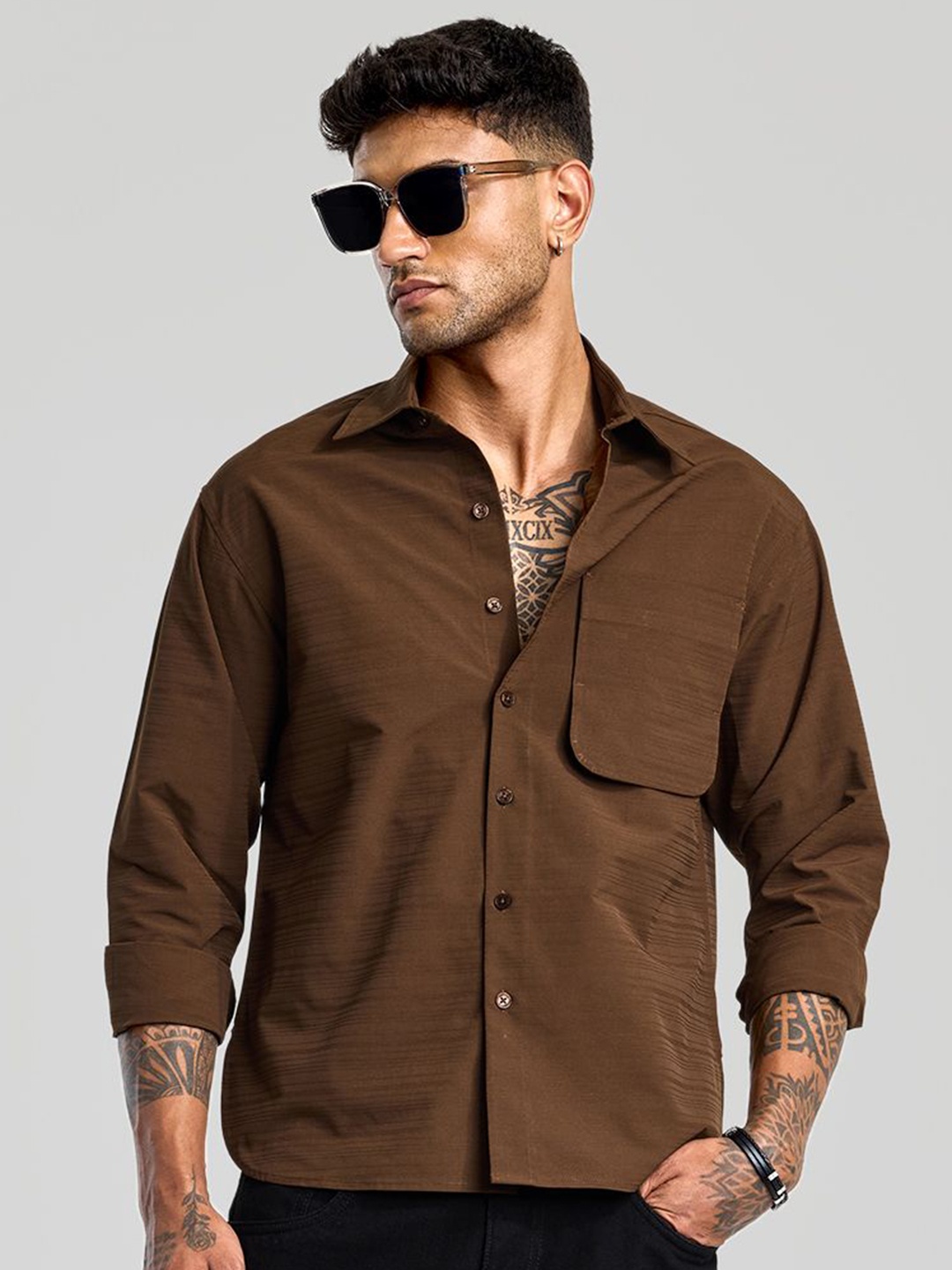 

Snitch Smart Textured Drop-Shoulder Sleeves Relaxed Fit Casual Shirt, Brown