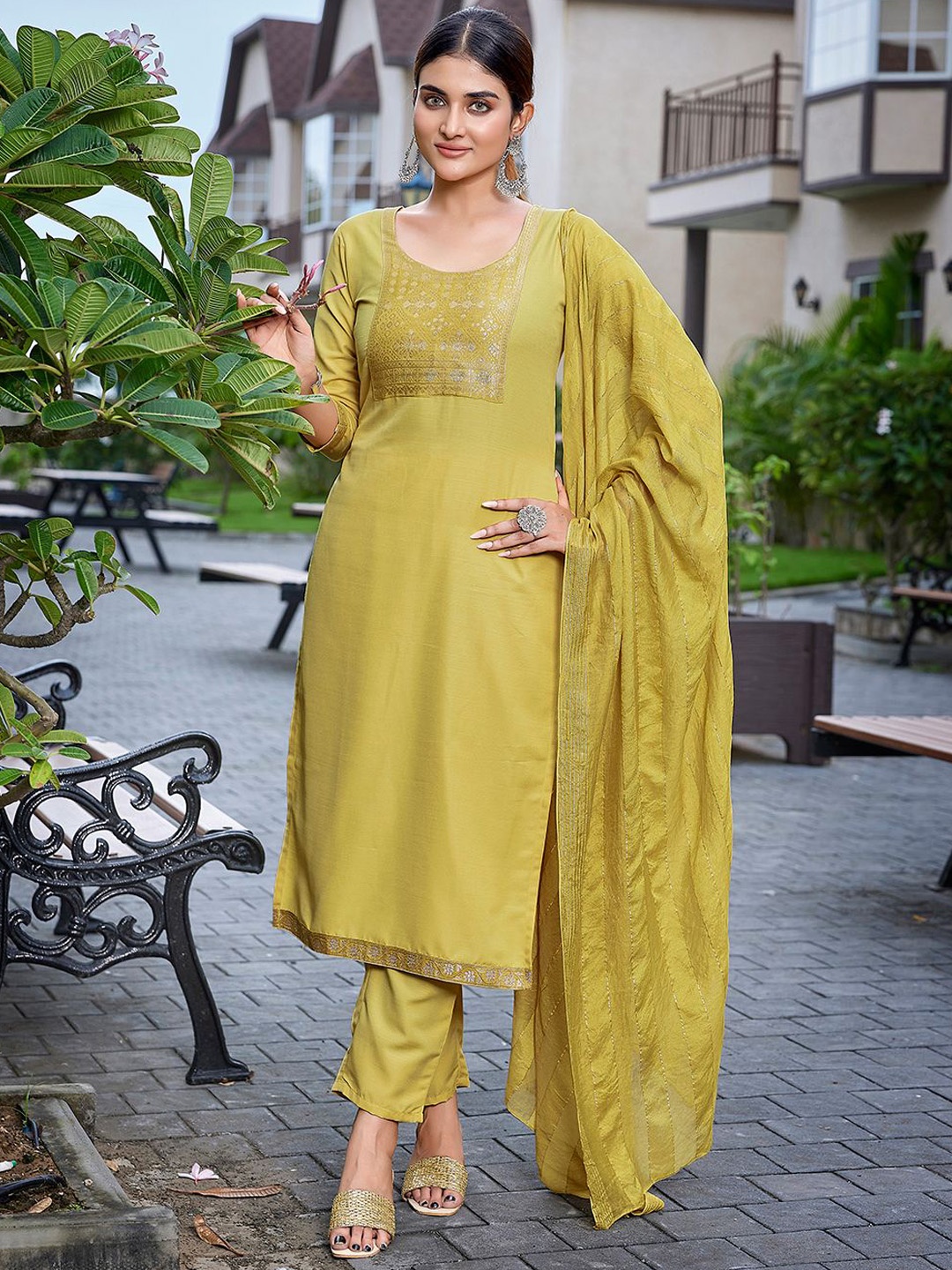 

Royal Export Embroidered Yoke Design Straight Kurta with Trousers & Dupatta, Yellow