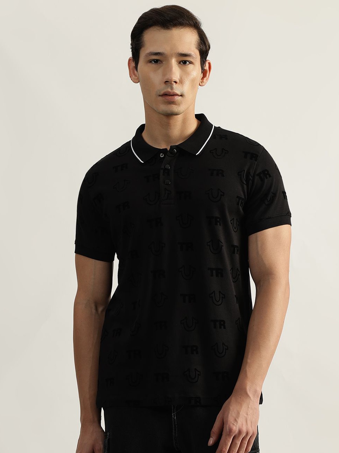 

True Religion Men Typography Printed Polo Collar Cotton T-shirt, Black