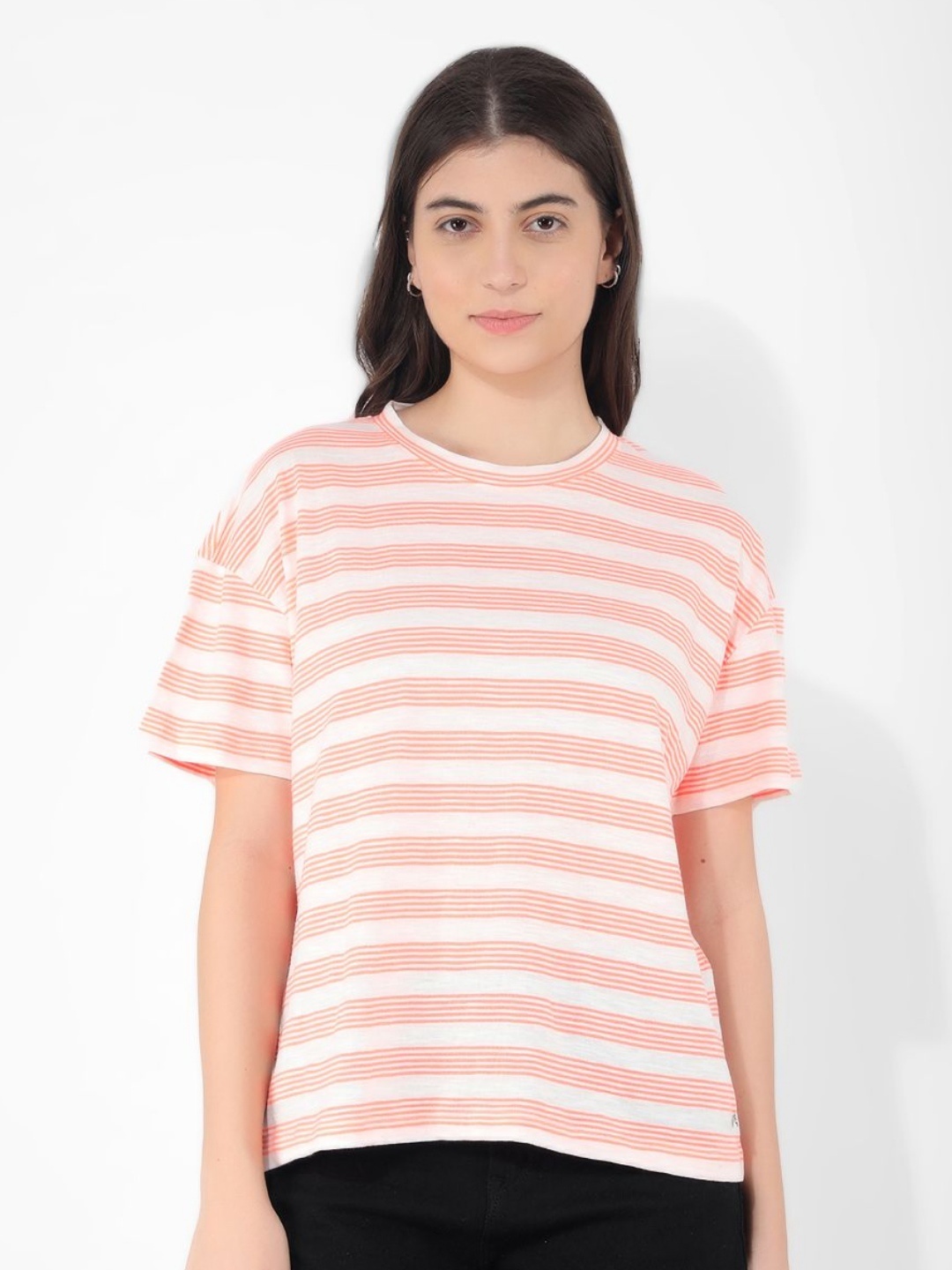 

Numero Uno Women Striped Round Neck Cotton T-shirt, White