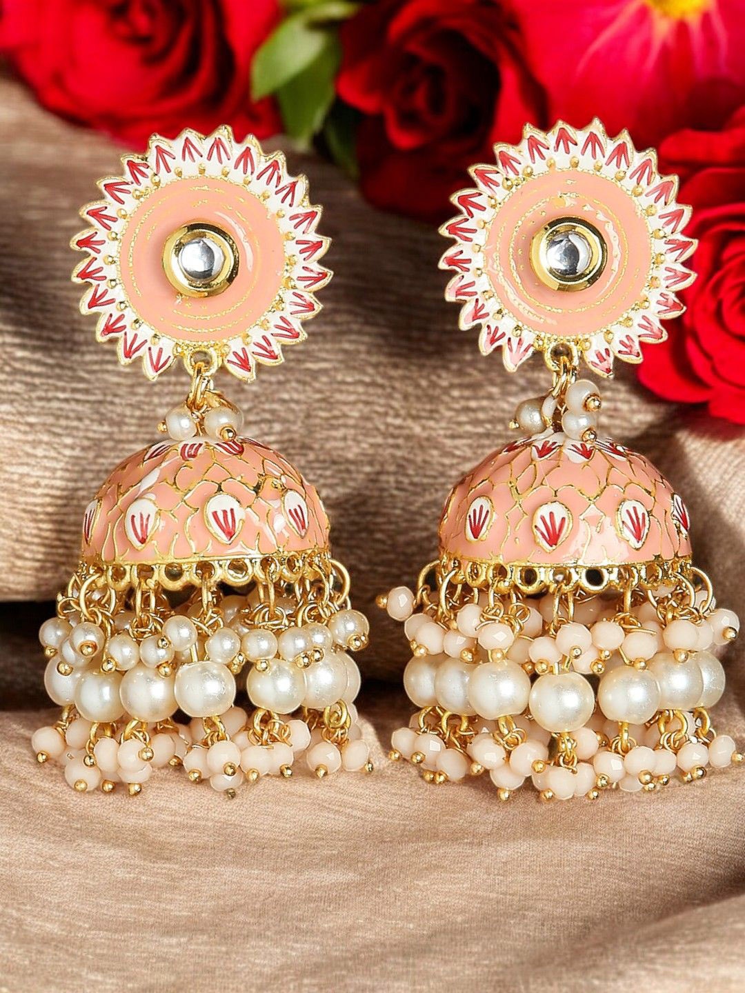 

OOMPH Dome Shaped Kundan & Pearl Jhumkas, Pink