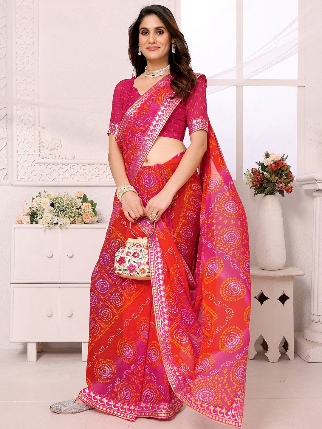 

KALINI Bandhani Printed Embroidered Leheriya Saree, Orange