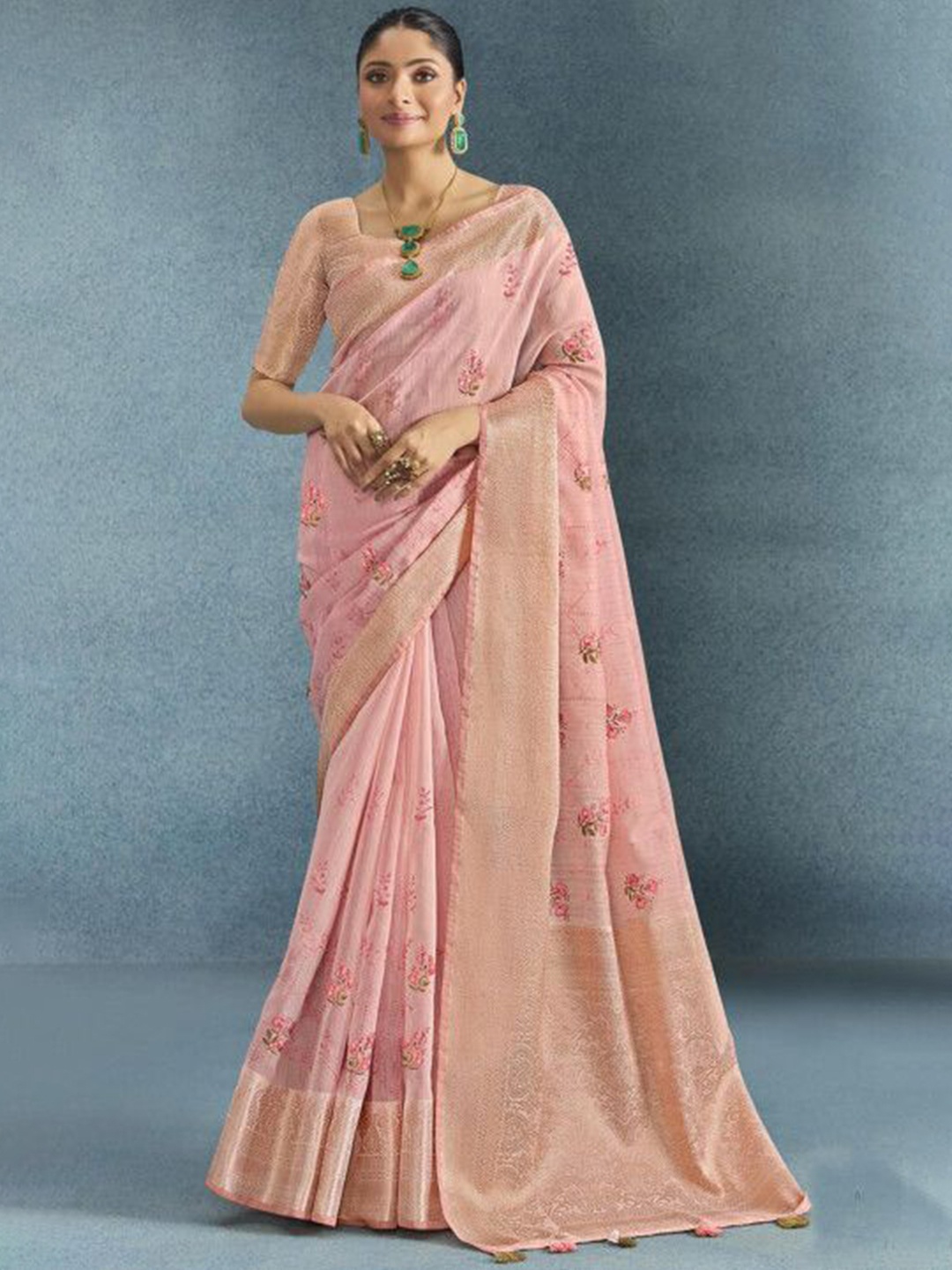 

MAHALASA womens Embroidered Jute Silk Saree, Pink
