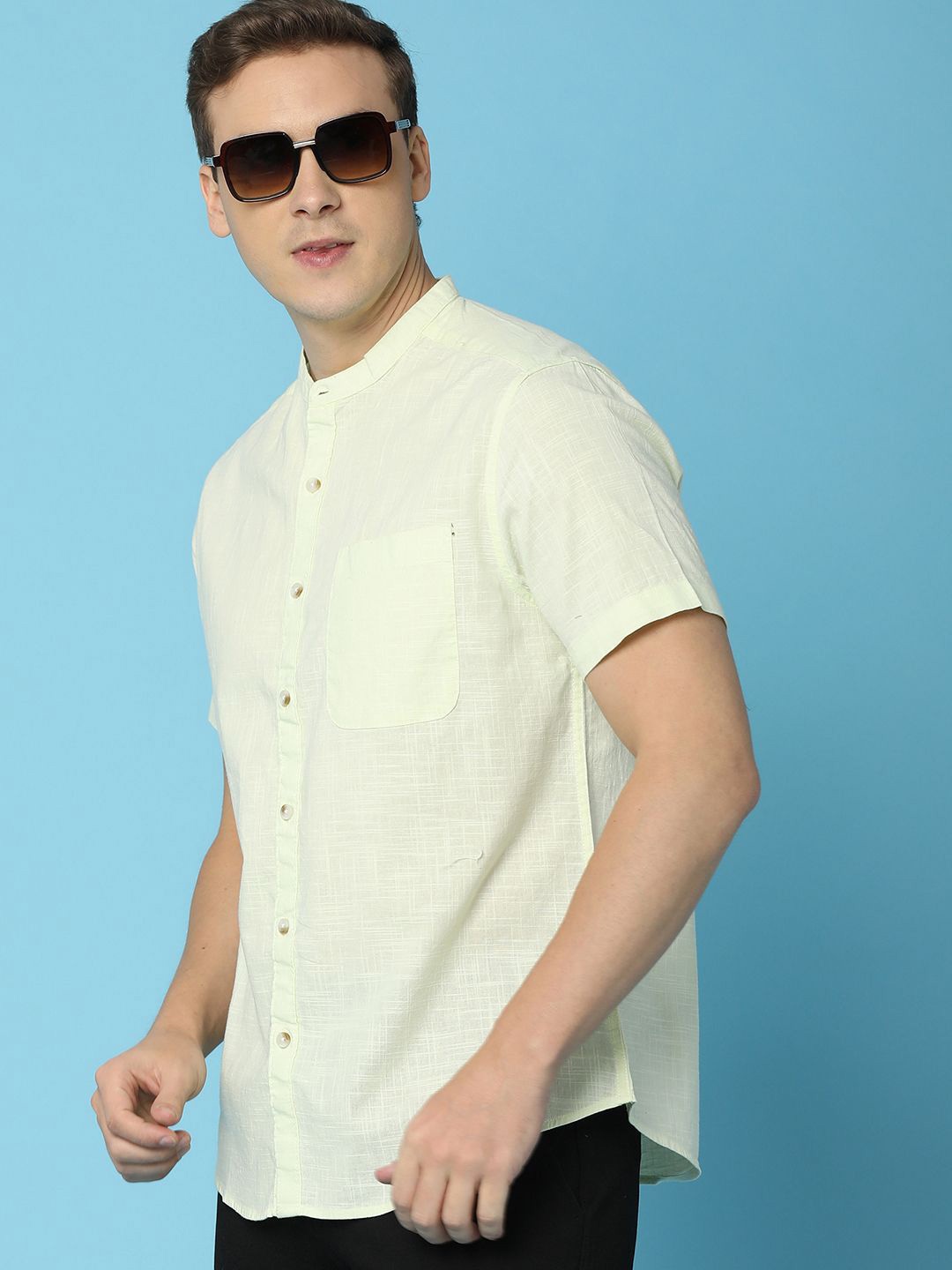 

V-Mart Men Band Collar Solid Cotton Casual Shirt, Cream