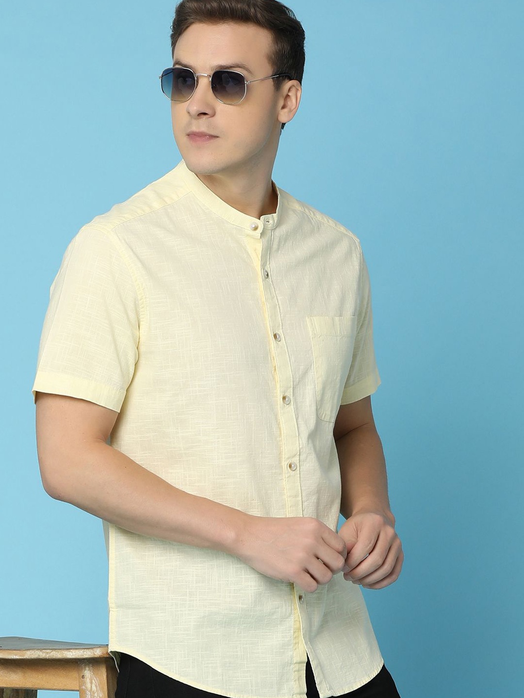 

V-Mart Men Band Collar Solid Cotton Casual Shirt, Yellow