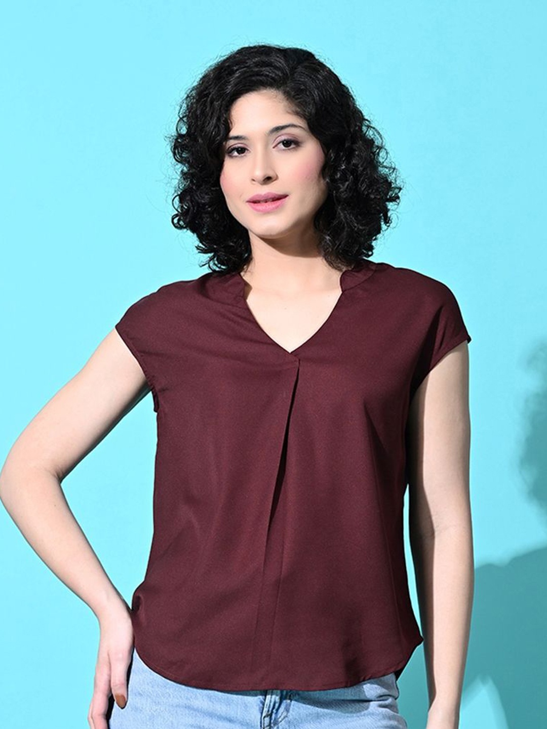 

PRETTY LOVING THING Women Brown V-Neck Short Sleeves Top