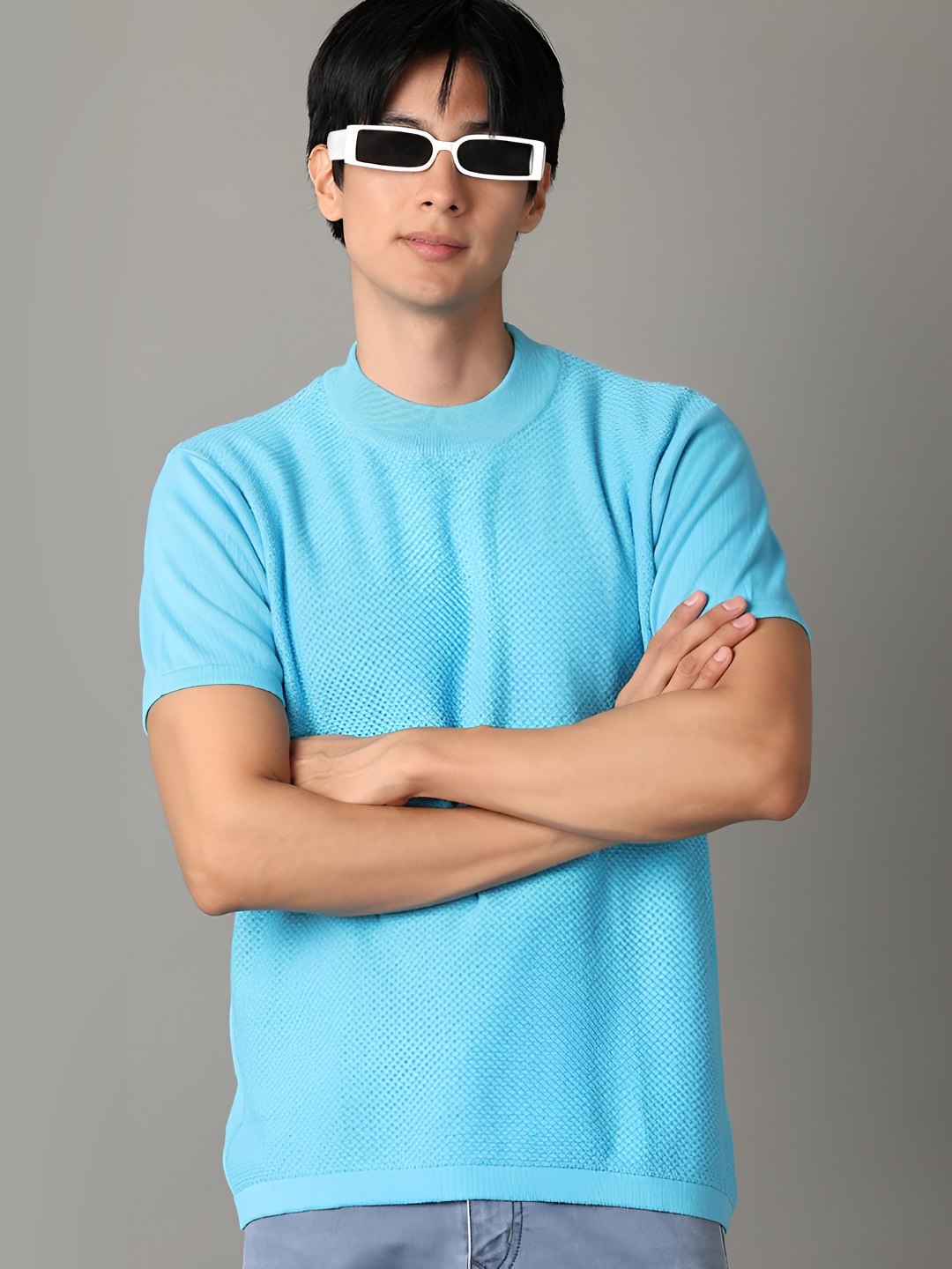 

V-Mart Men Self Design Round Neck Cotton T-shirt, Blue