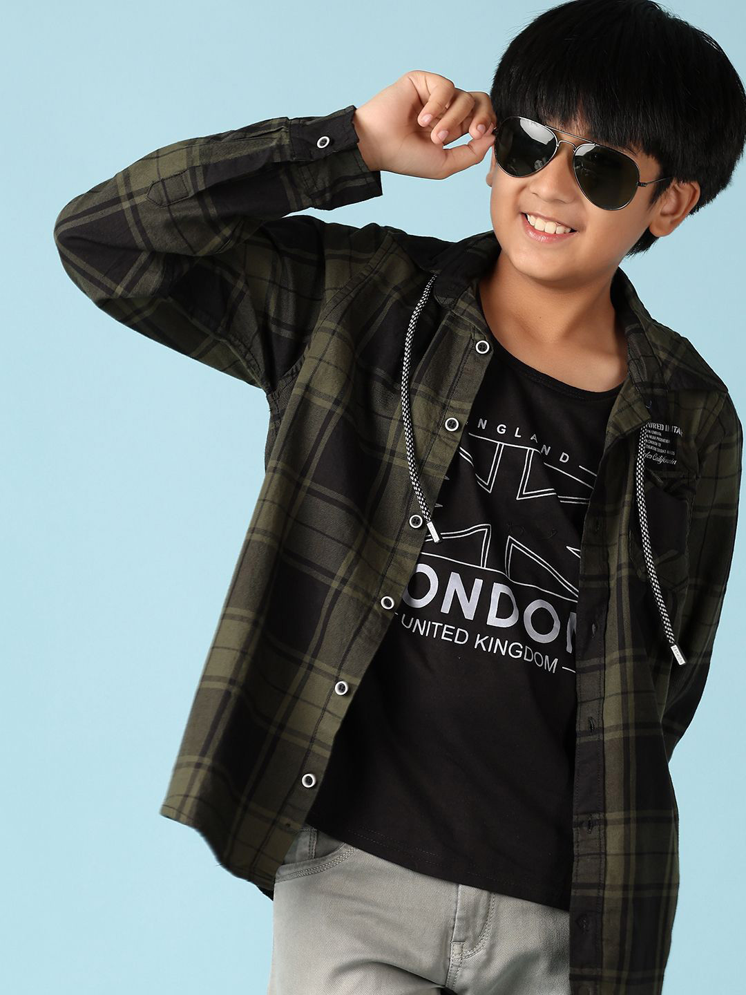 

V-Mart Boys Hood Tartan Checked Cotton Casual Shirt, Green