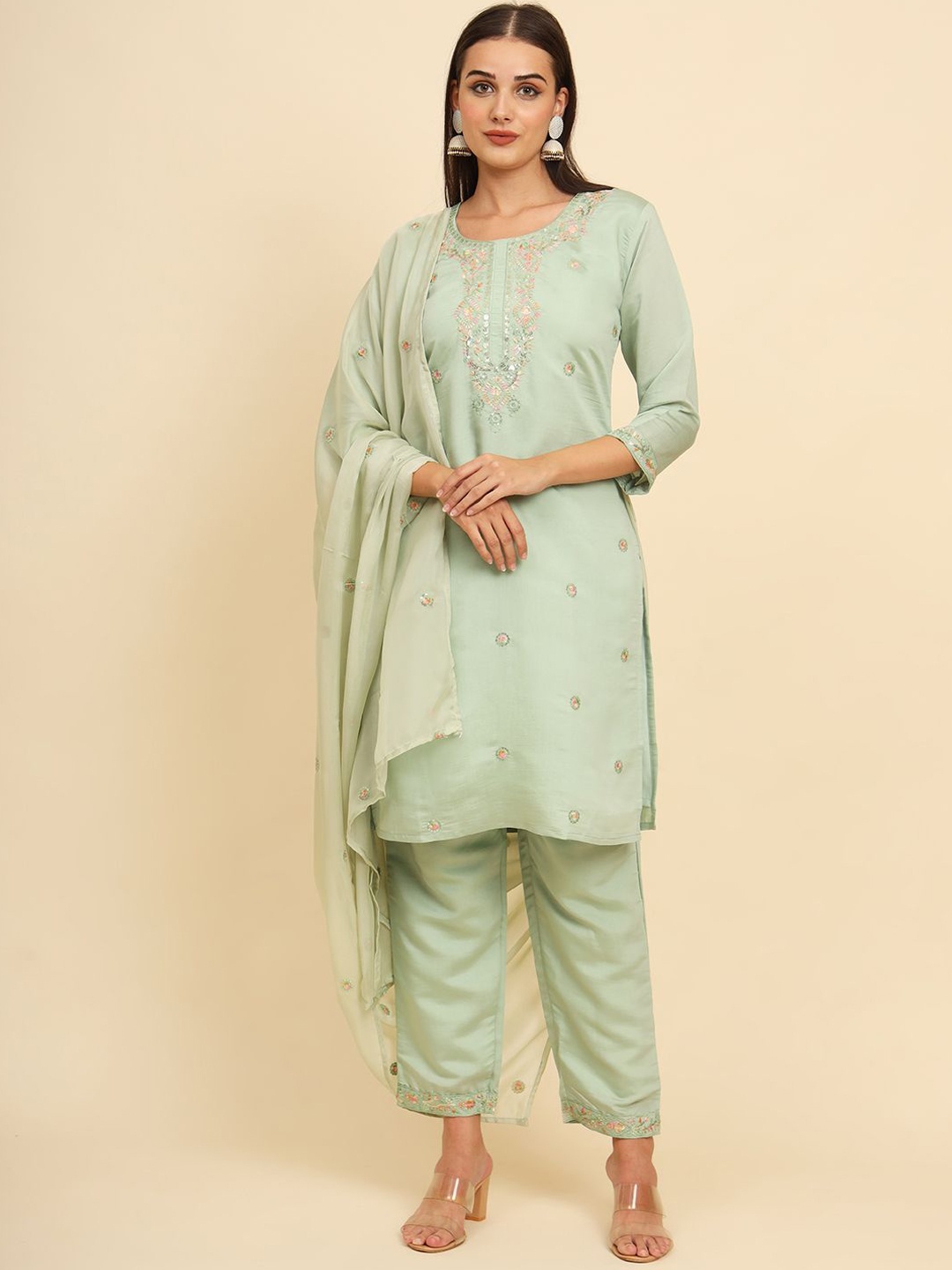 

HERE&NOW Green Floral Embroidered Straight Kurta With Palazzos & Dupatta