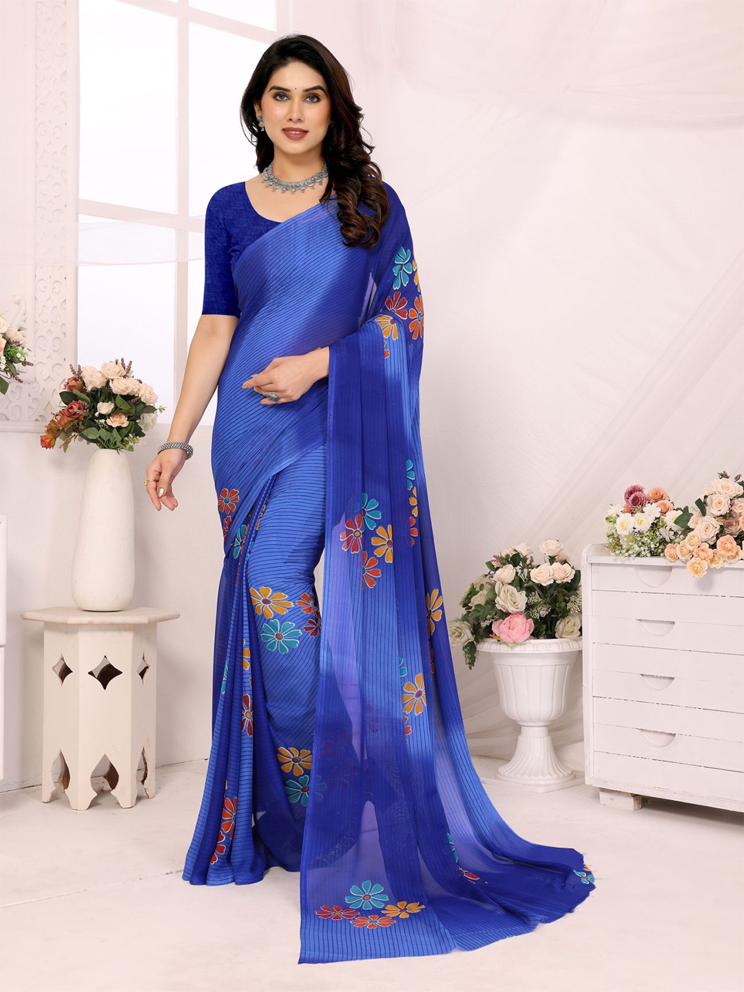 

vj fashion Floral Printed Pure Georgette Saree, Blue