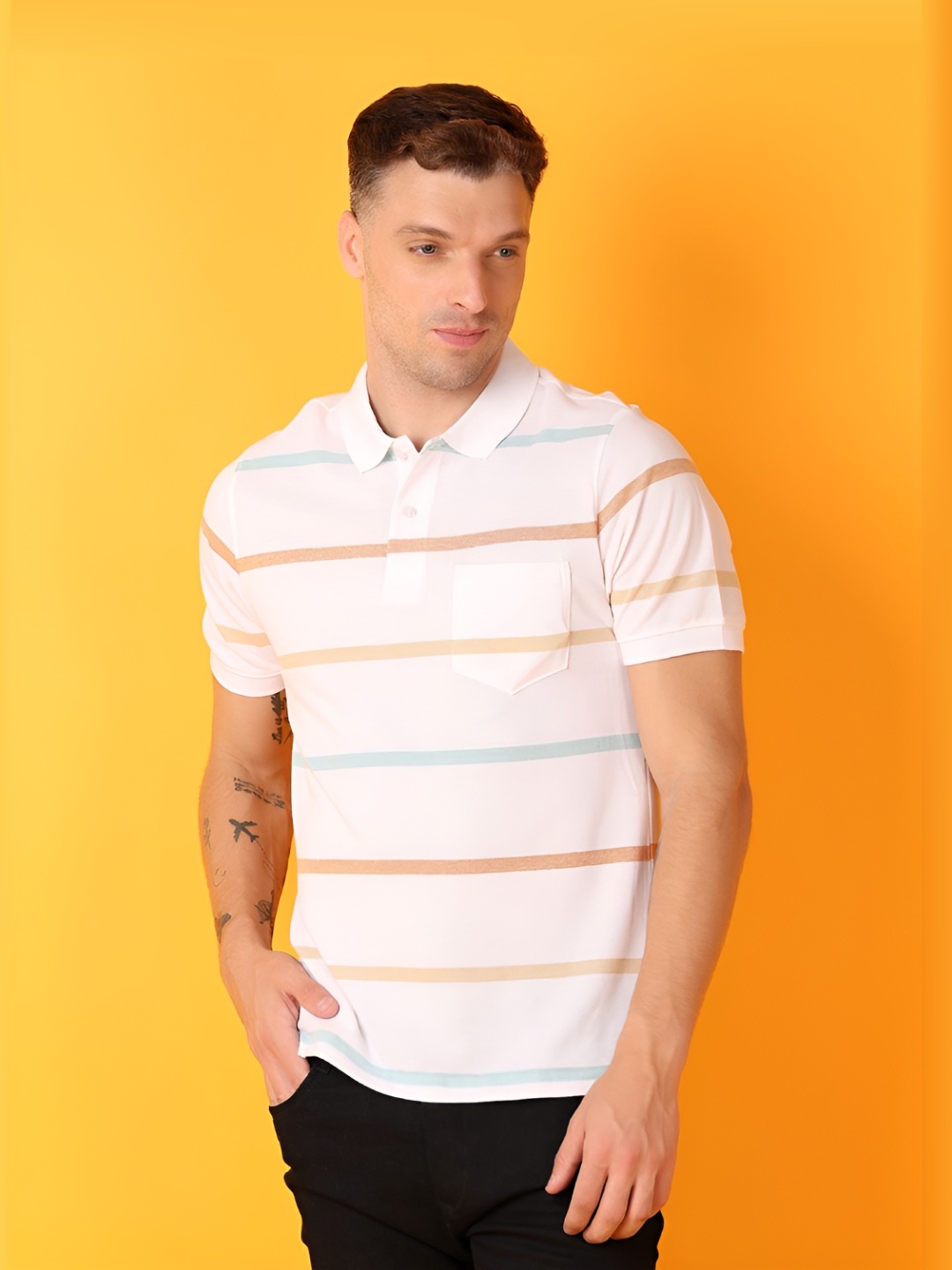 

V-Mart Men Striped Polo Collar T-shirt, White