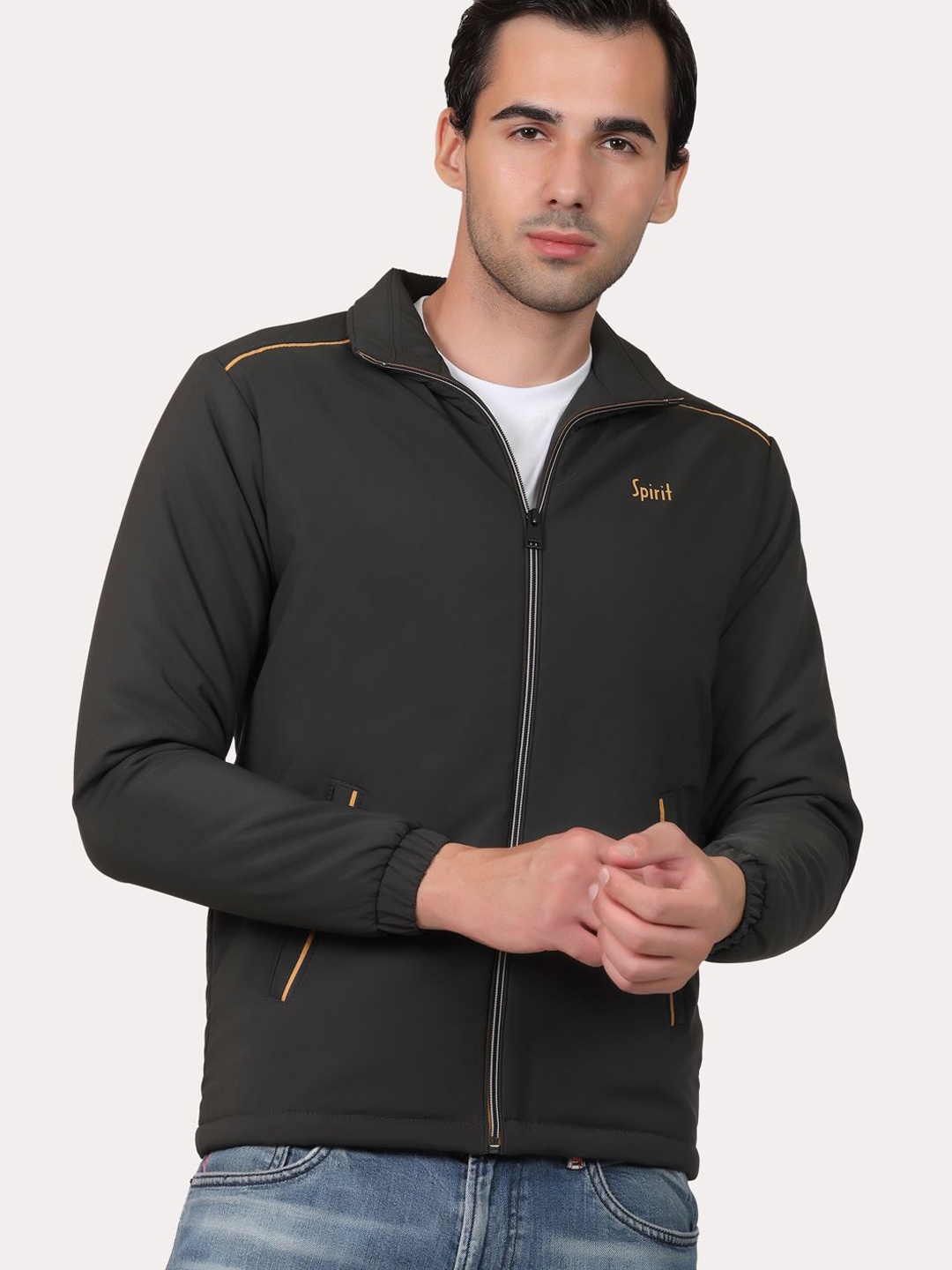 

Spirit Men Mock Collar Solid Casual Tailored Jacket, Olive