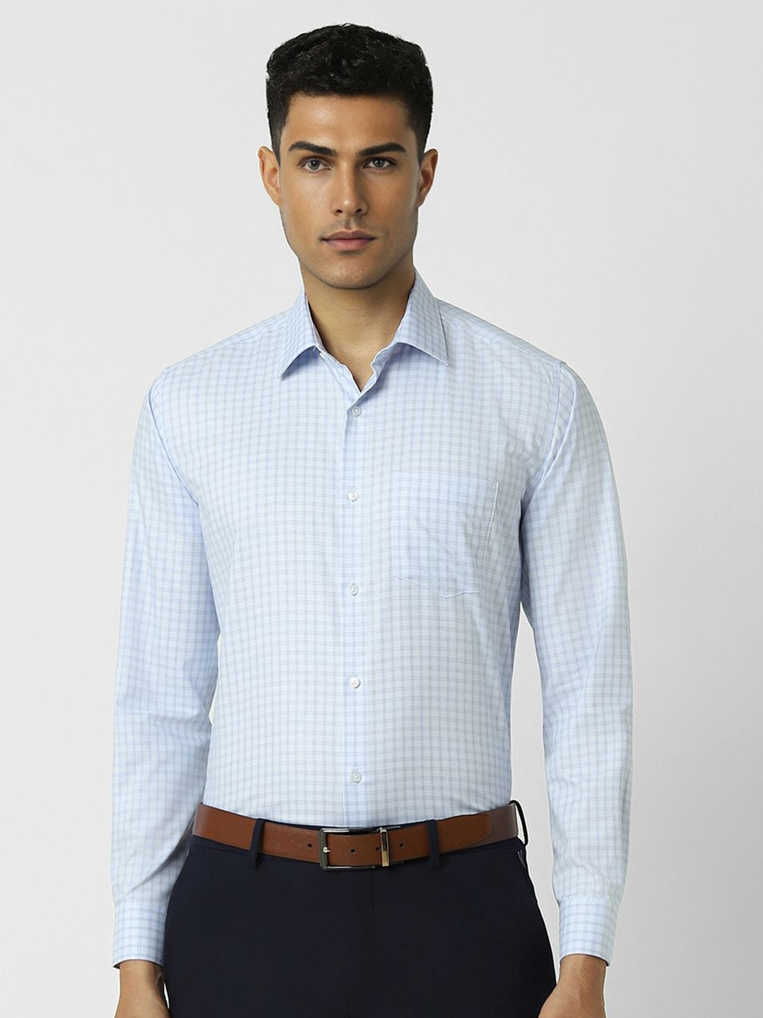 

Van Heusen Men Spread Collar Checked Cotton Slim Fit Formal Shirt, Blue