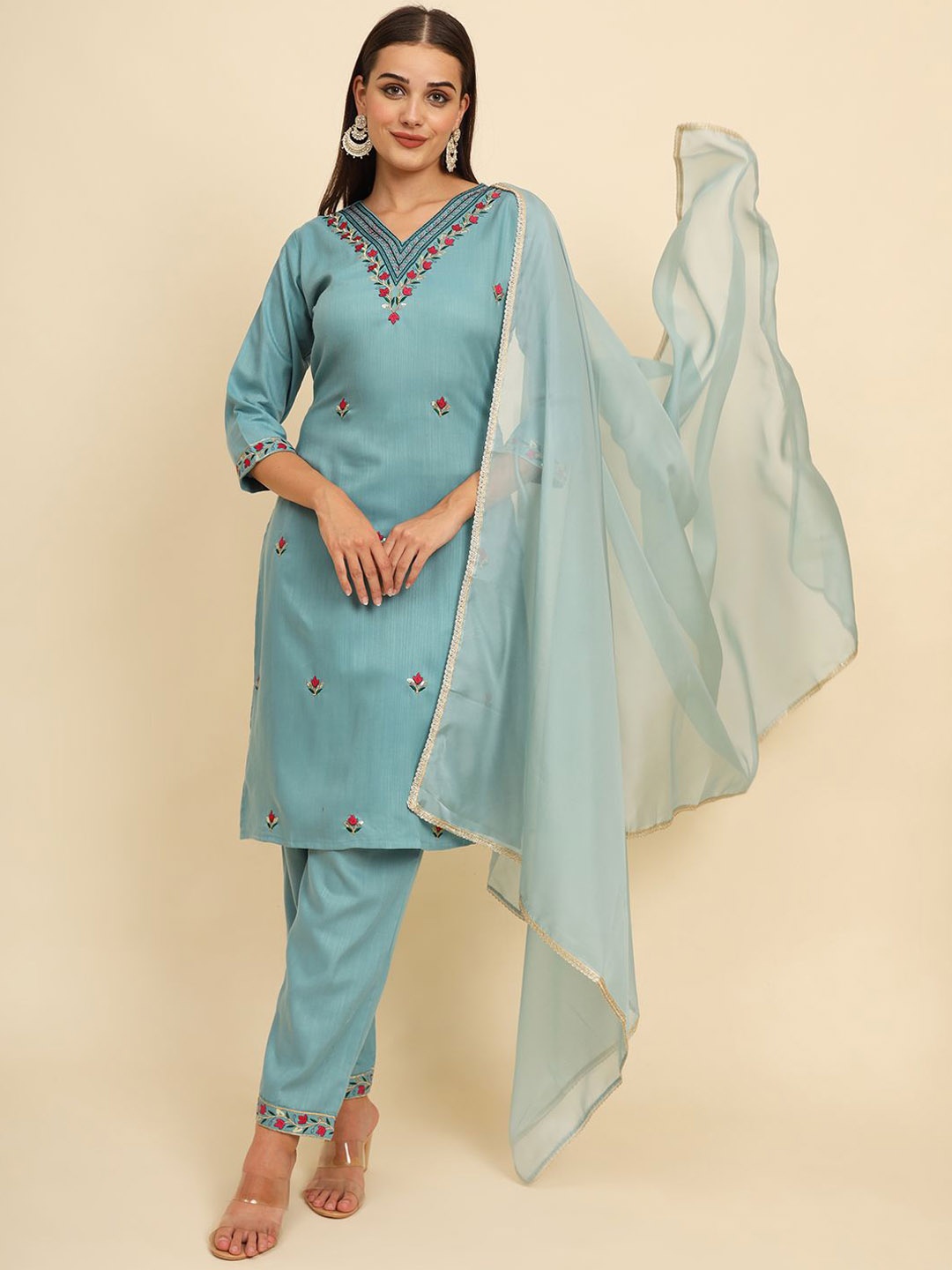 

HERE&NOW Prem Floral Embroidered Straight Thread Work Kurta with Trouser & Dupatta, Turquoise blue