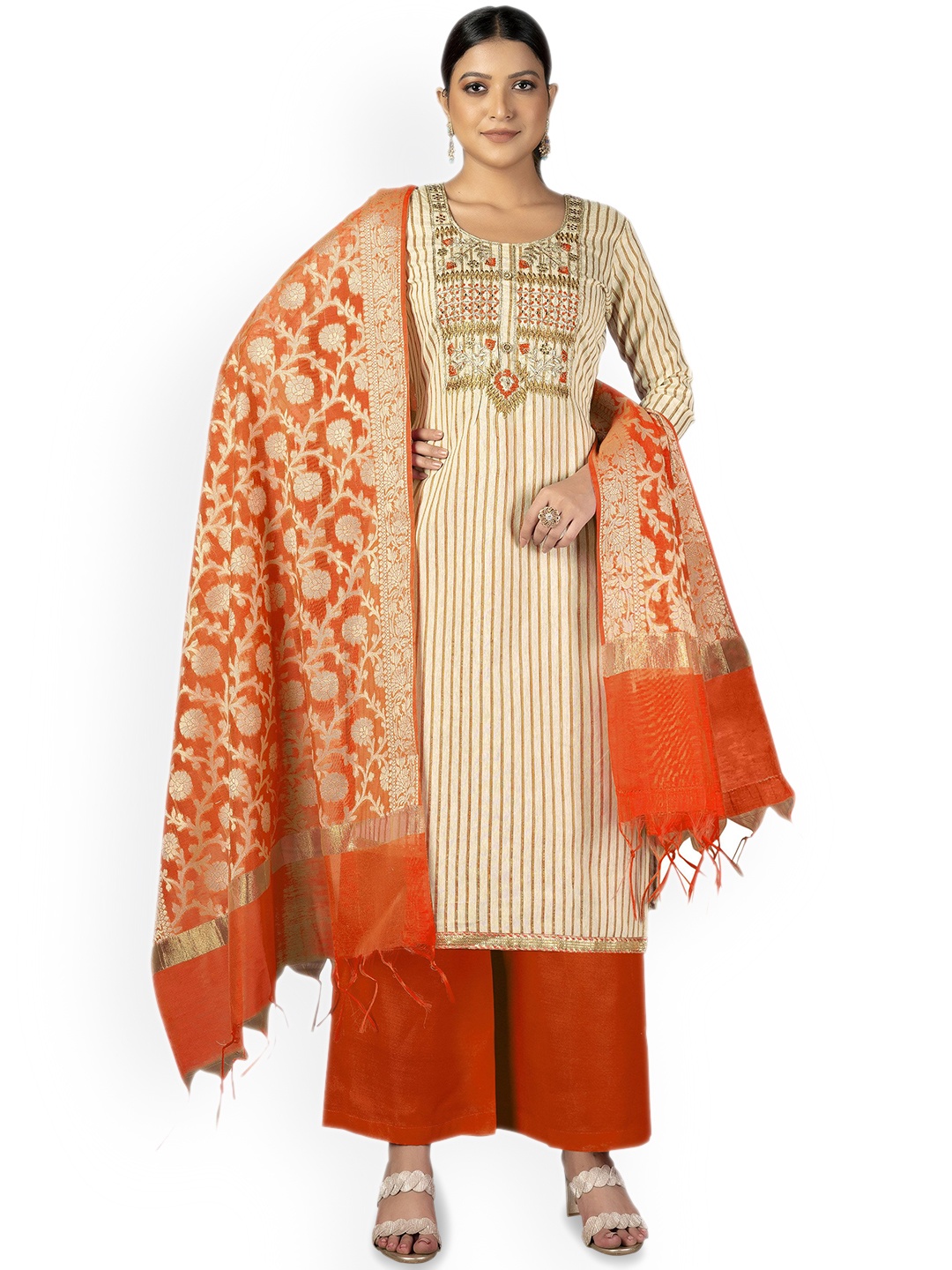 

Maroosh Striped Embroidered Zari Unstitched Dress Material, Beige