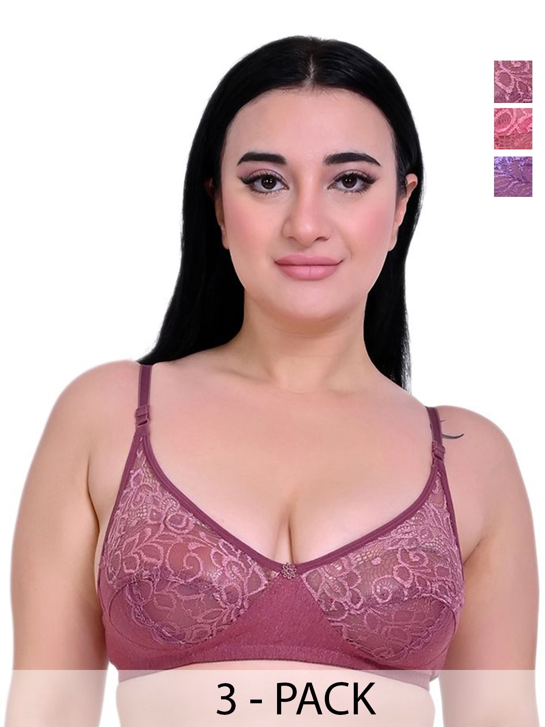 

Piylu Women Pack of 3 Cotton Non Padded Medium Coverage T-shirt Bra, Pink
